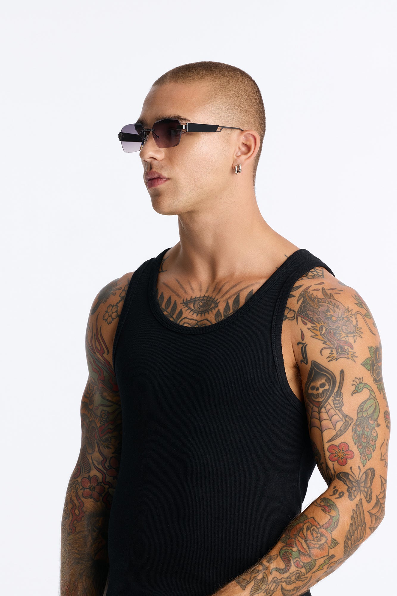 Right Back Rimless Frame Geometric Sunglasses - Gunmetal