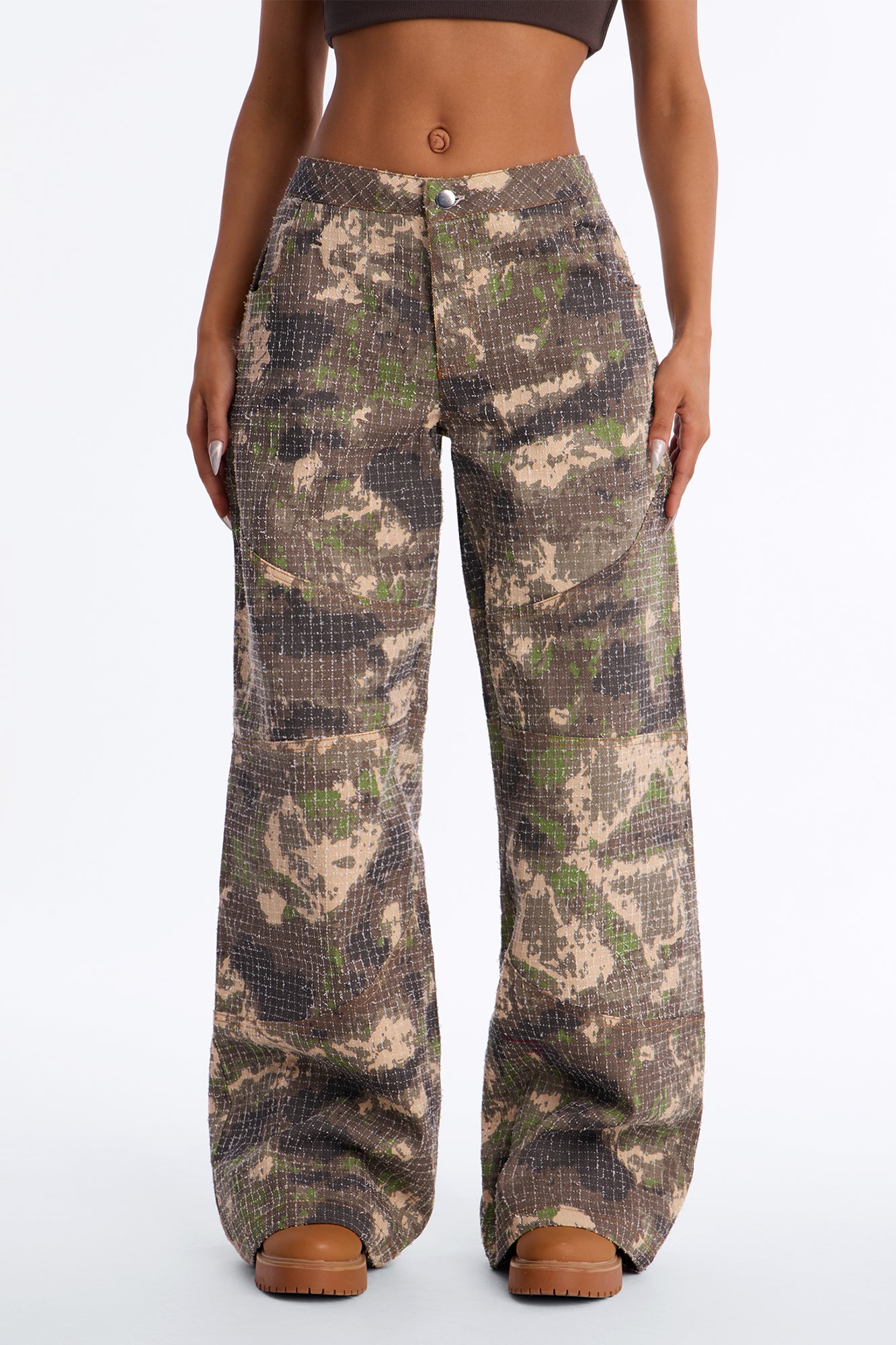Act Up Low Rise Textured Camouflage Pants - Camouflage