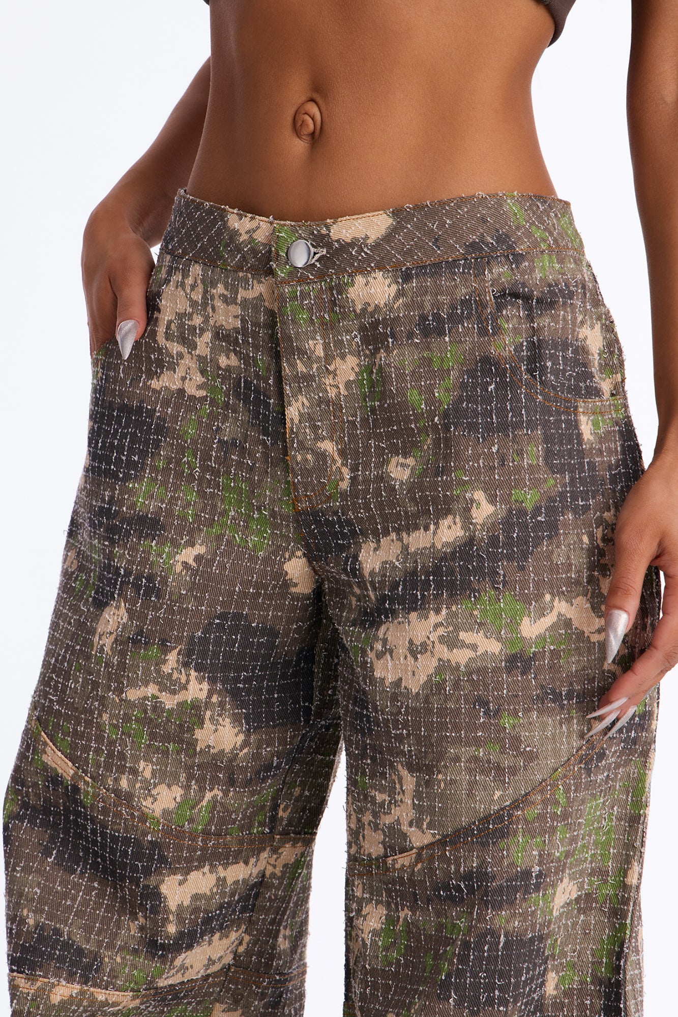Act Up Low Rise Textured Camouflage Pants - Camouflage