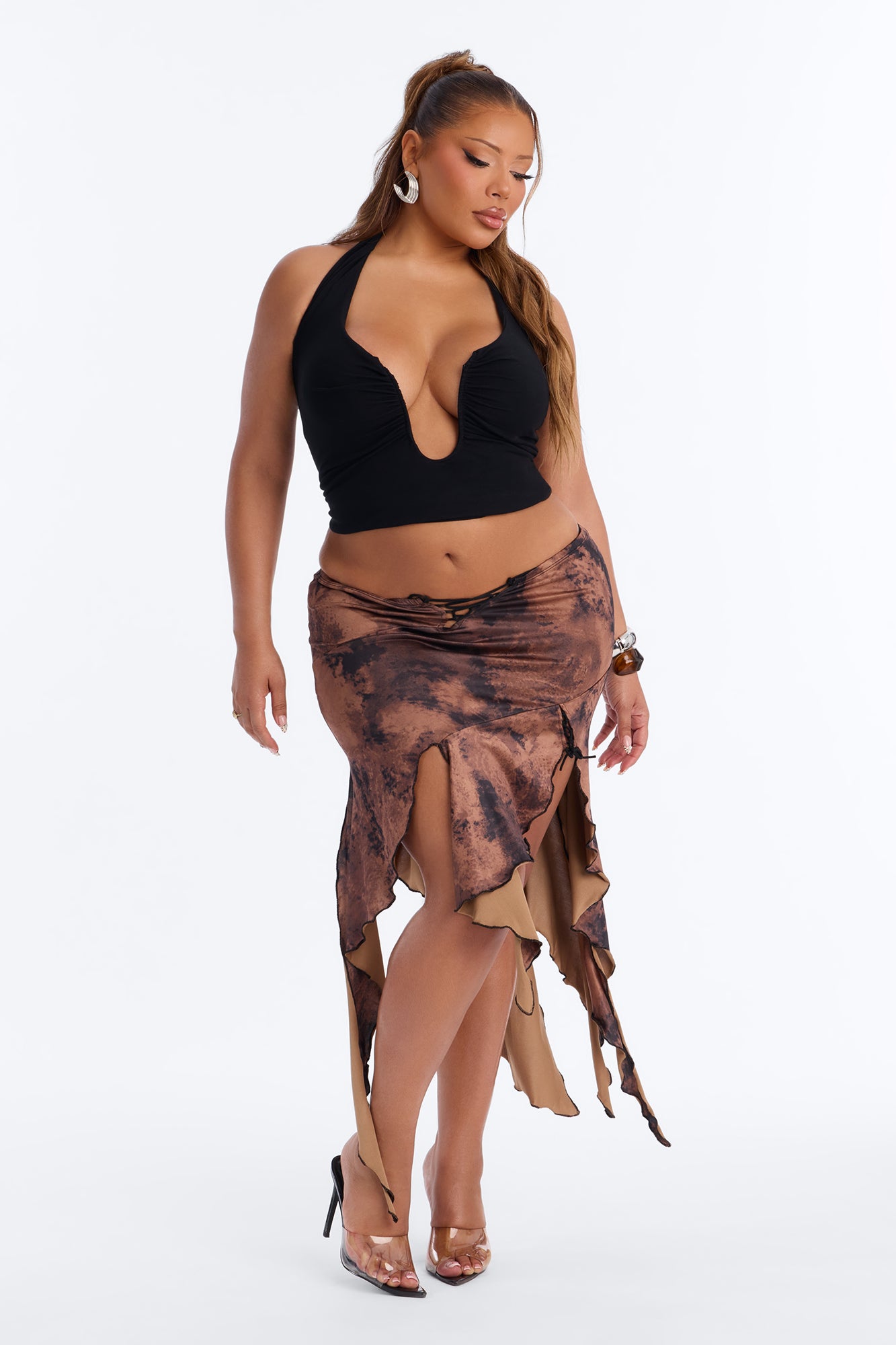 Heat Wave Abstract Asymmetrical Midi Skirt - Brown/combo