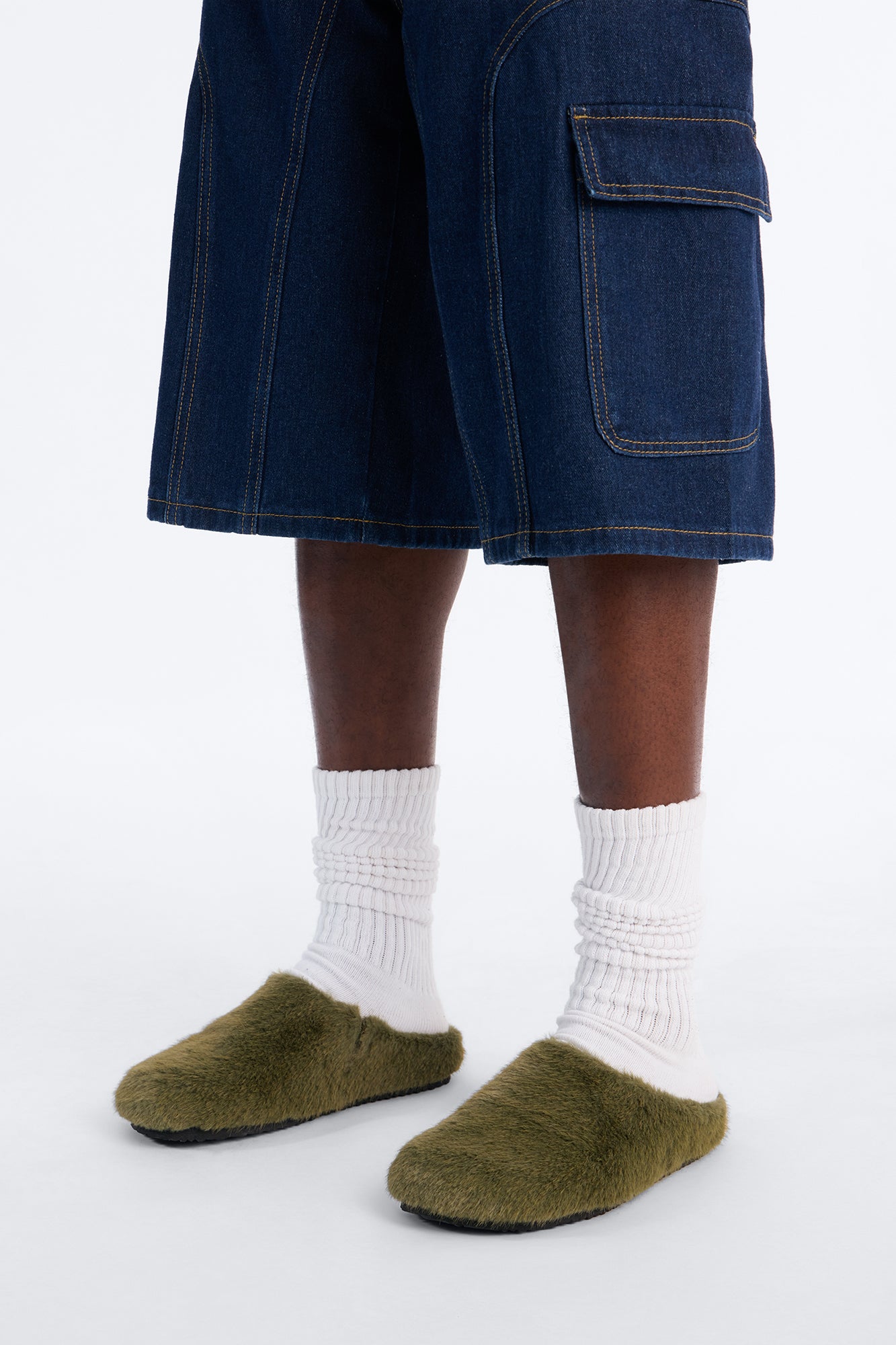 Faux Fur Textured Slip On Slide - Olive