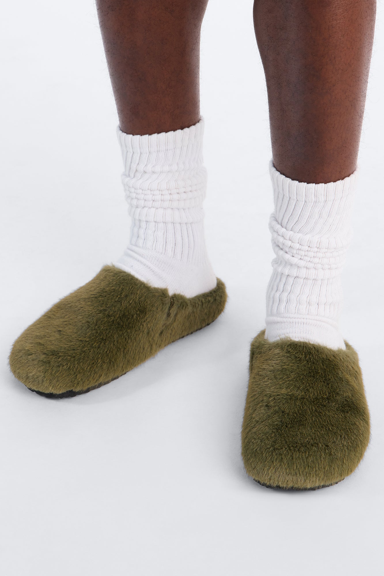 Faux Fur Textured Slip On Slide - Olive