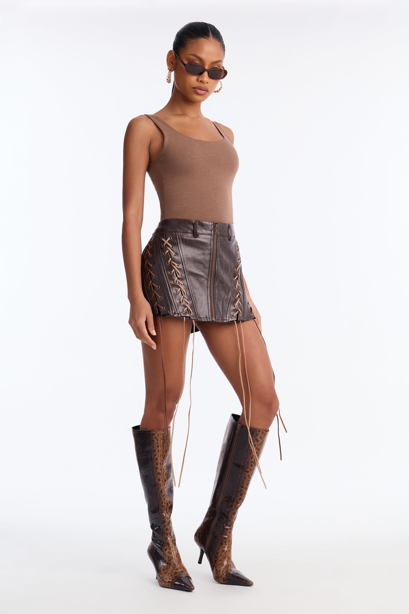 Test My Limit Lace Up Faux Leather Micro Mini Skirt - Dark Brown