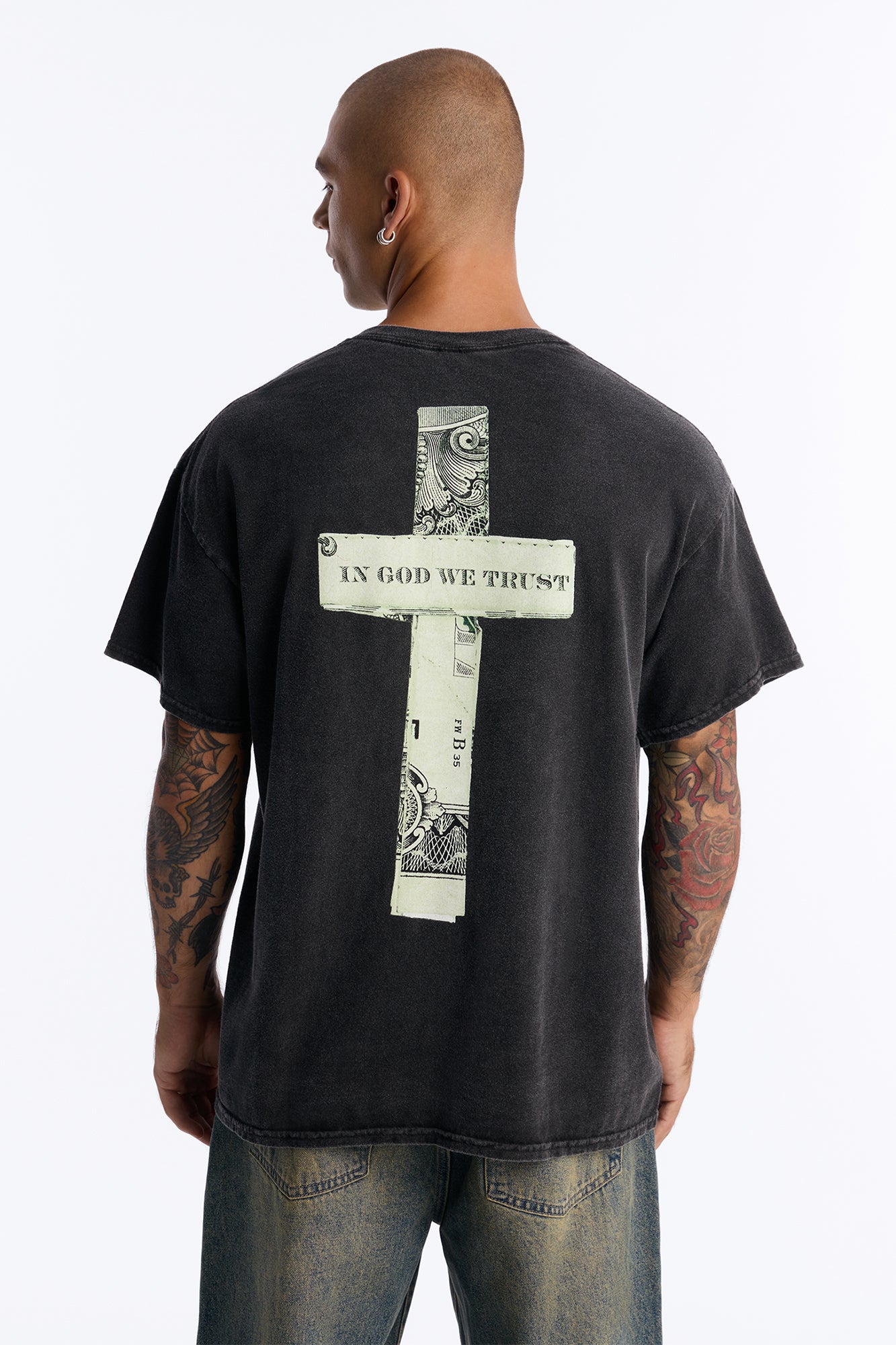 In God We Trust Vintage Oversized Short Sleeve Tee - Black