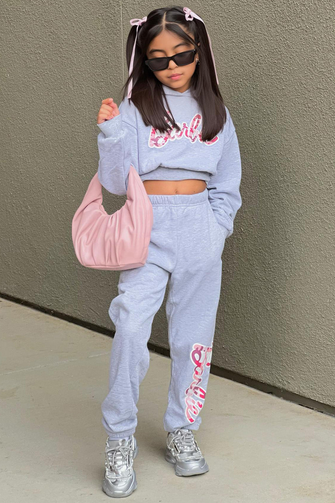 Mini Barbie Girl Fleece Jogger Set - Heather Grey