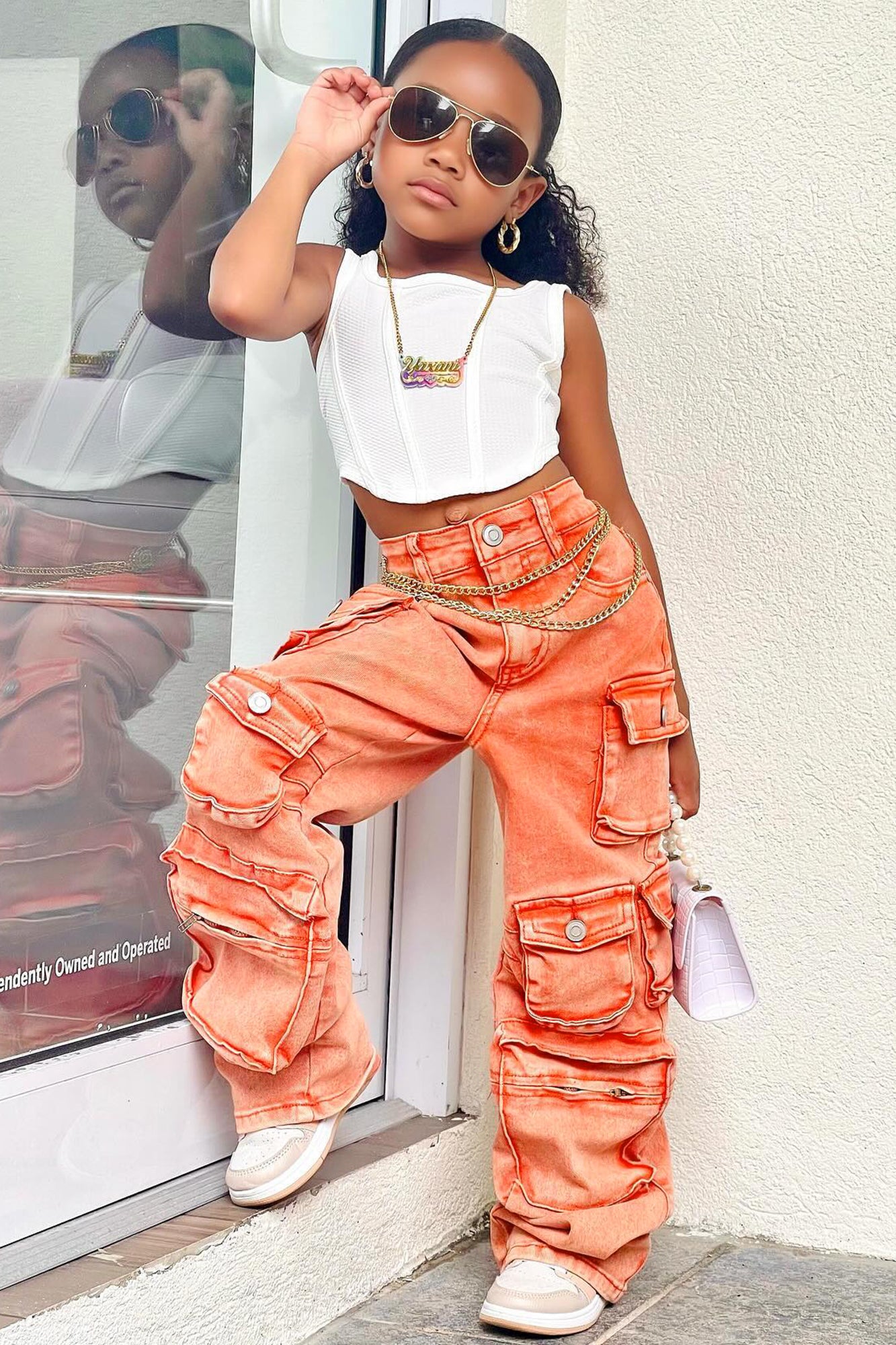 Mini Lily High Rise Cargo Jeans - Orange