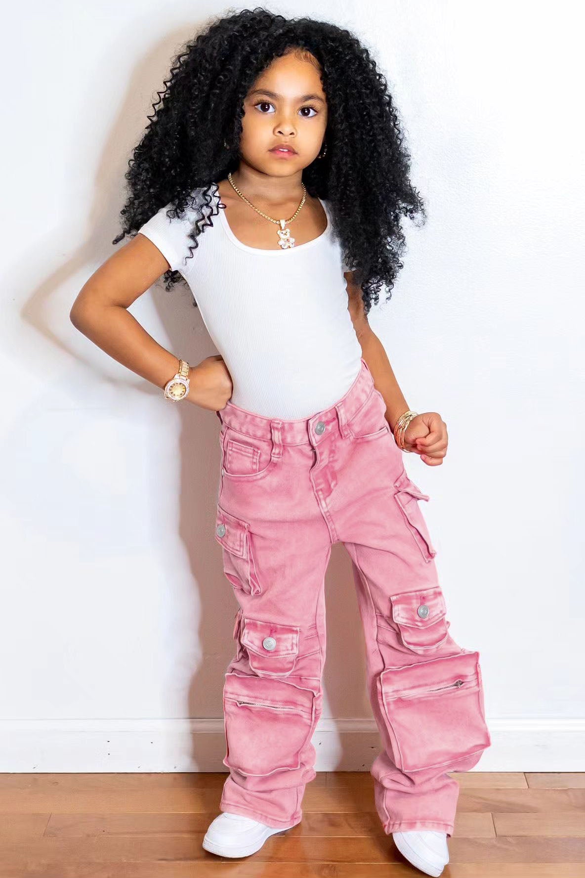 Mini Lily High Rise Cargo Jeans - Pink