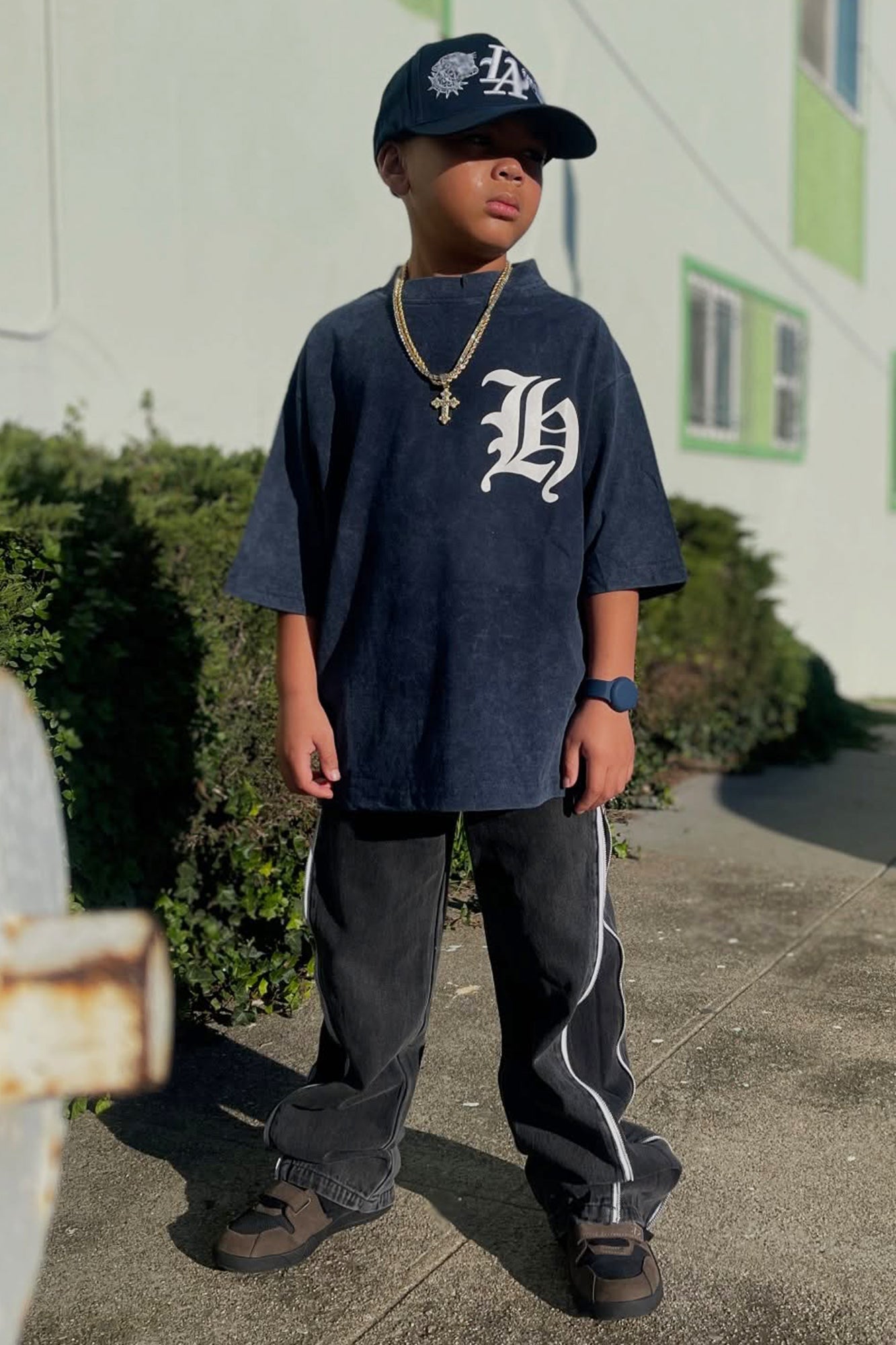 Mini Old English Hustle Front/Back Short Sleeve Tee - Navy