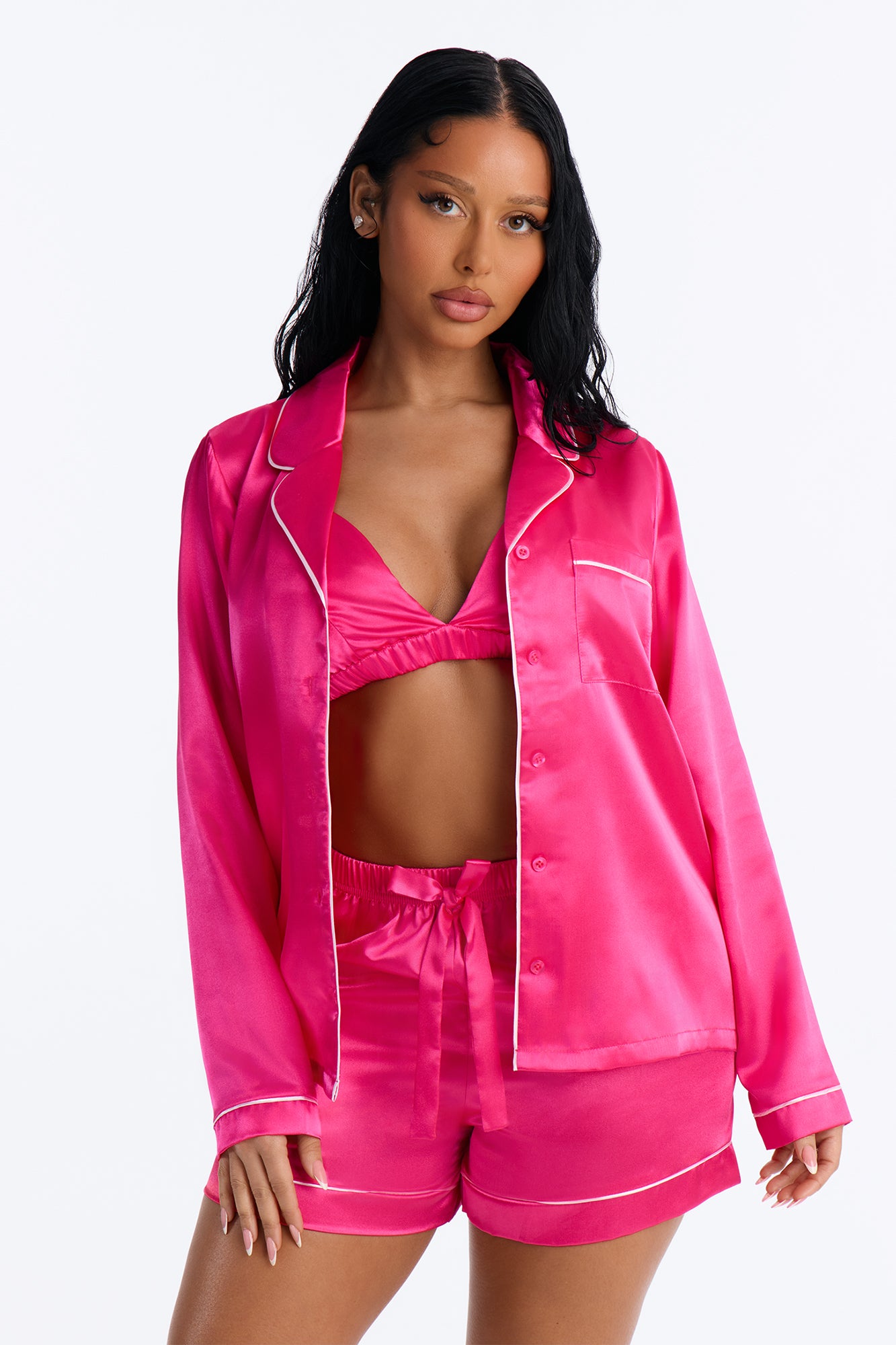 Sleeping In Late Satin 3 Piece PJ Bralette Short Set - Hot Pink