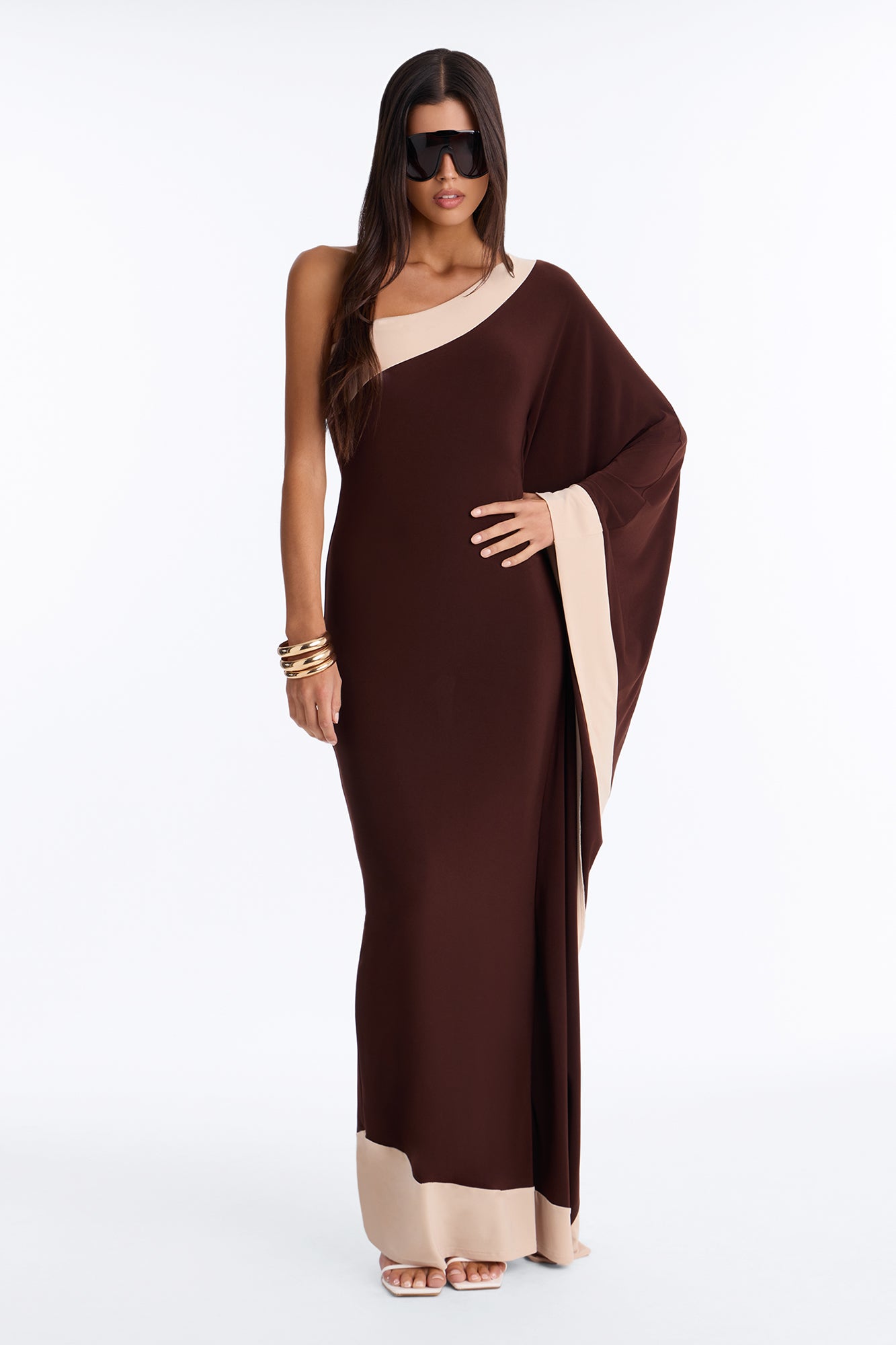 Casually Allure One Shoulder Maxi Dress - Chocolate/Combo