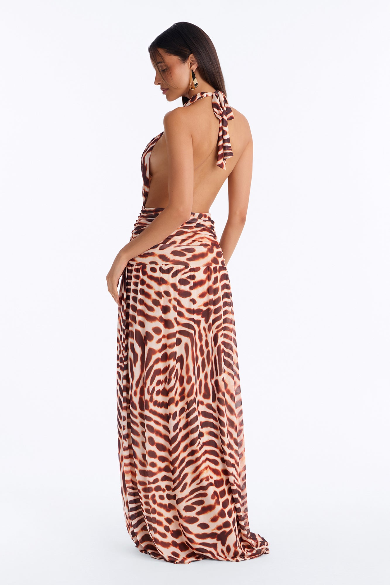A Little Something Backless Mesh Maxi Dress - Brown/combo