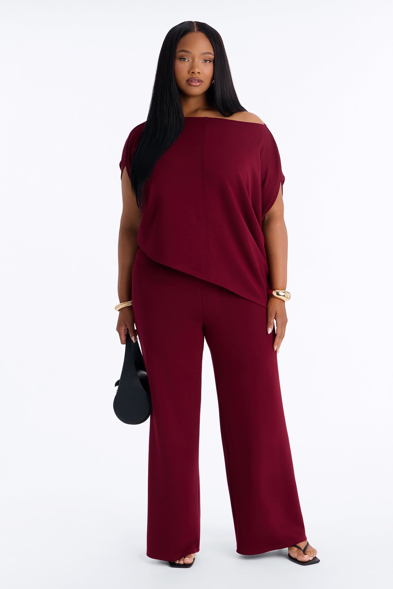 Alina One Shoulder Scuba Pant Set - Wine