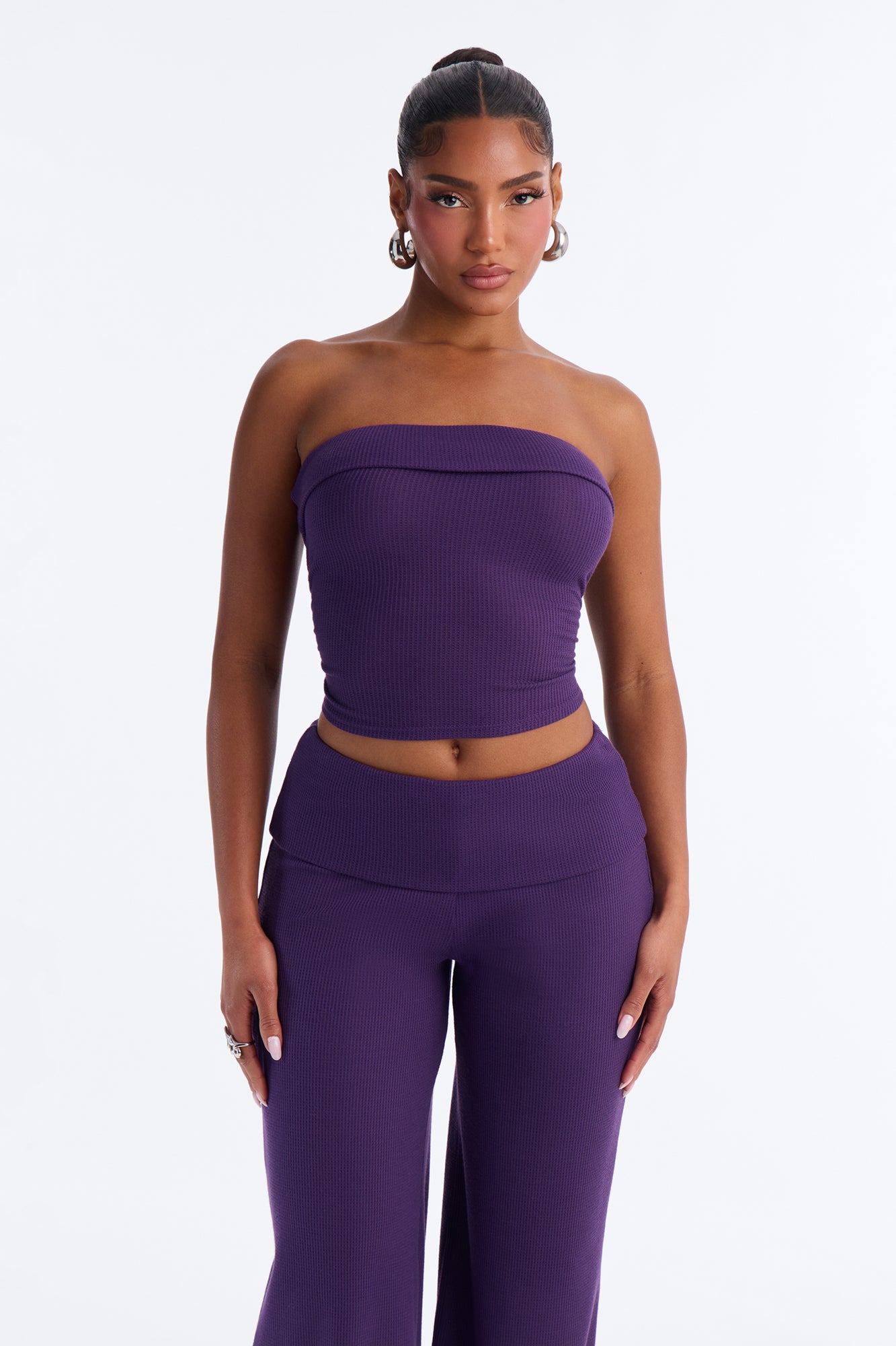 Megan Waffle Knit Foldover Waist Pant Set - Plum