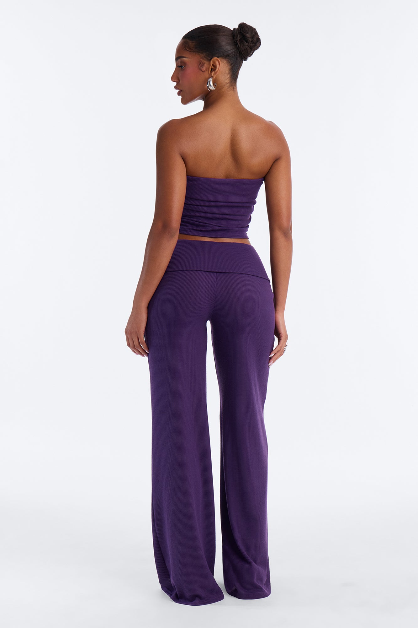 Megan Waffle Knit Foldover Waist Pant Set - Plum