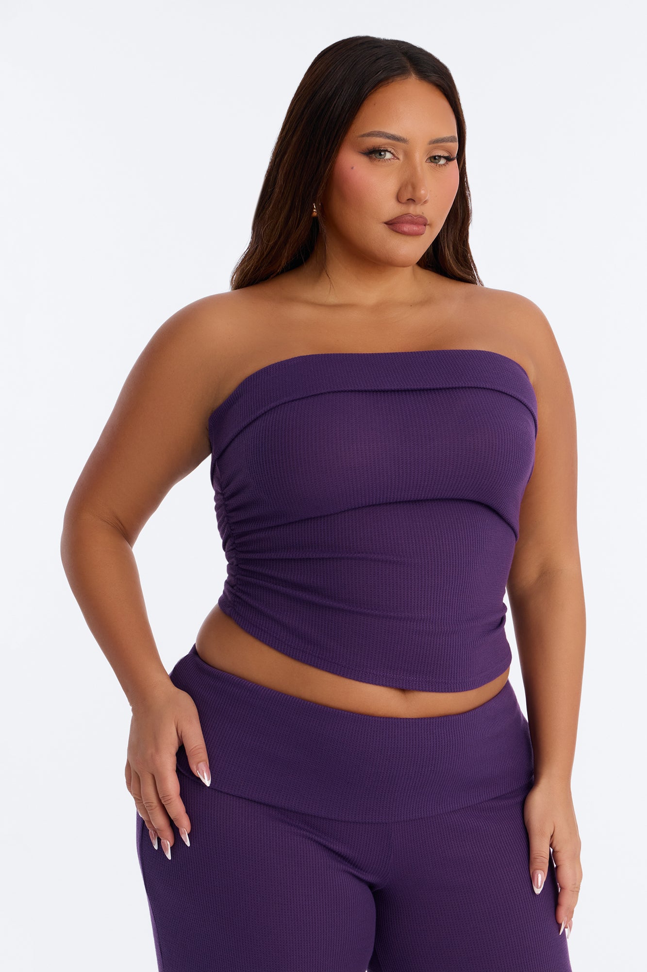 Megan Waffle Knit Foldover Waist Pant Set - Plum