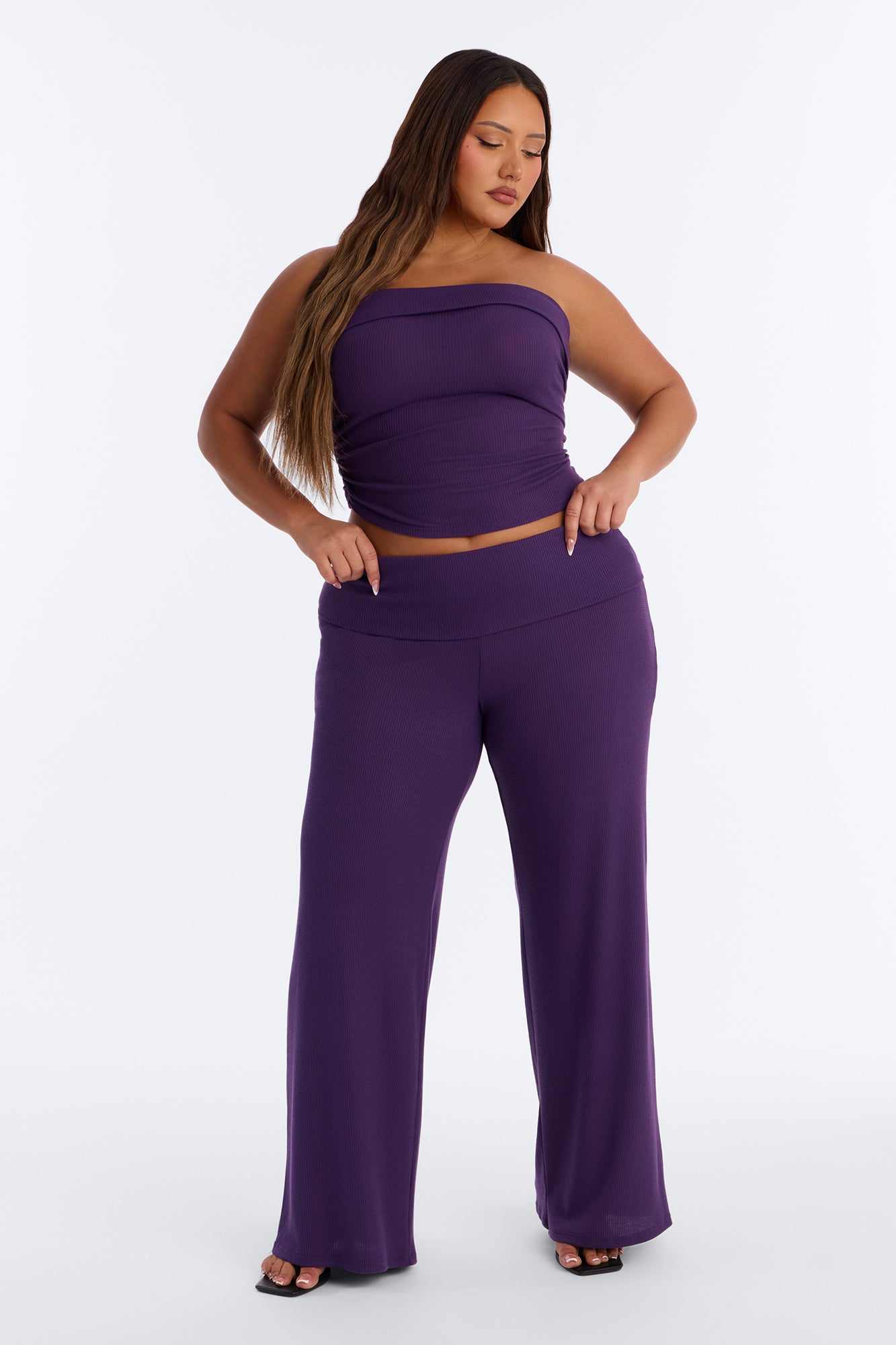 Megan Waffle Knit Foldover Waist Pant Set - Plum