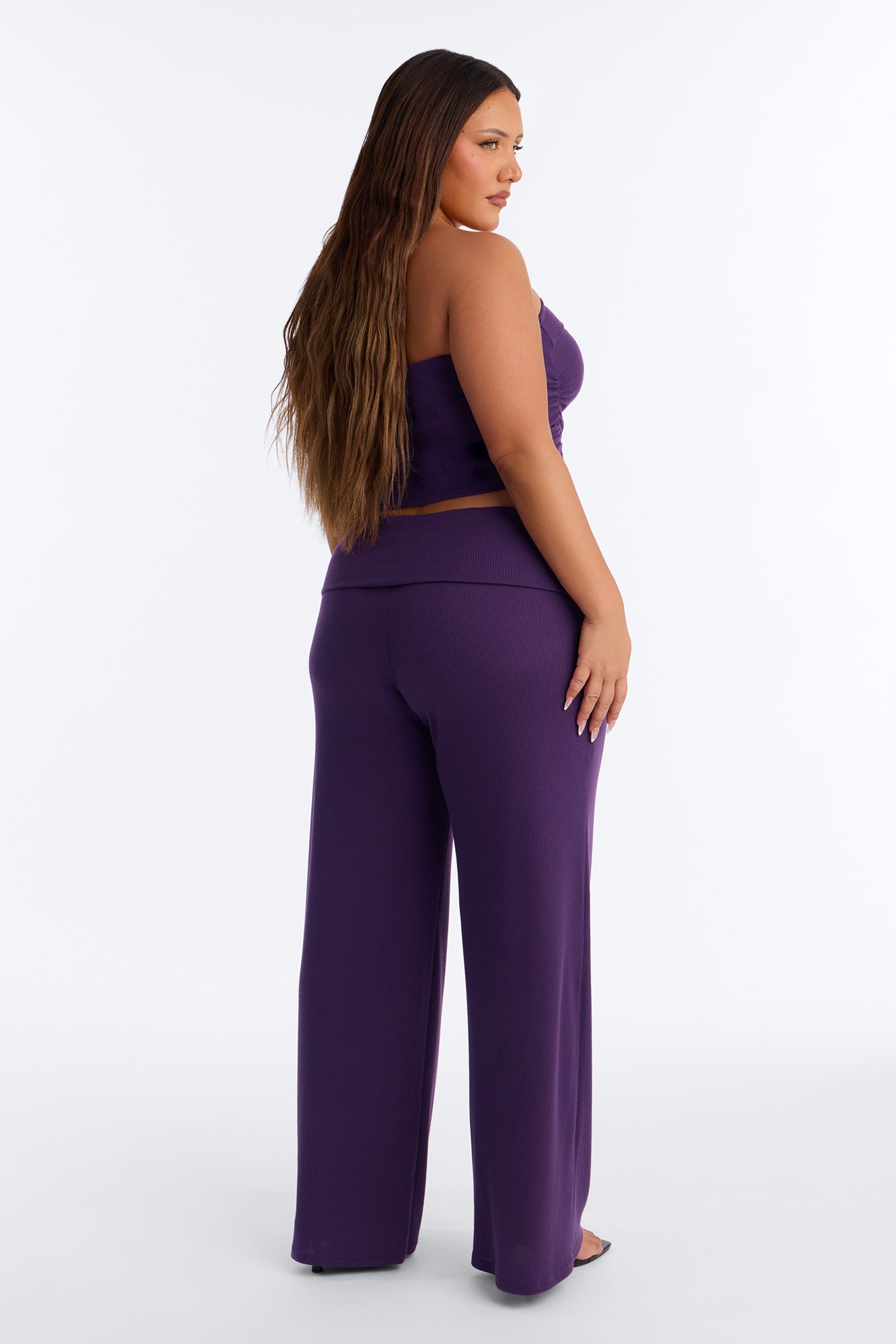 Megan Waffle Knit Foldover Waist Pant Set - Plum