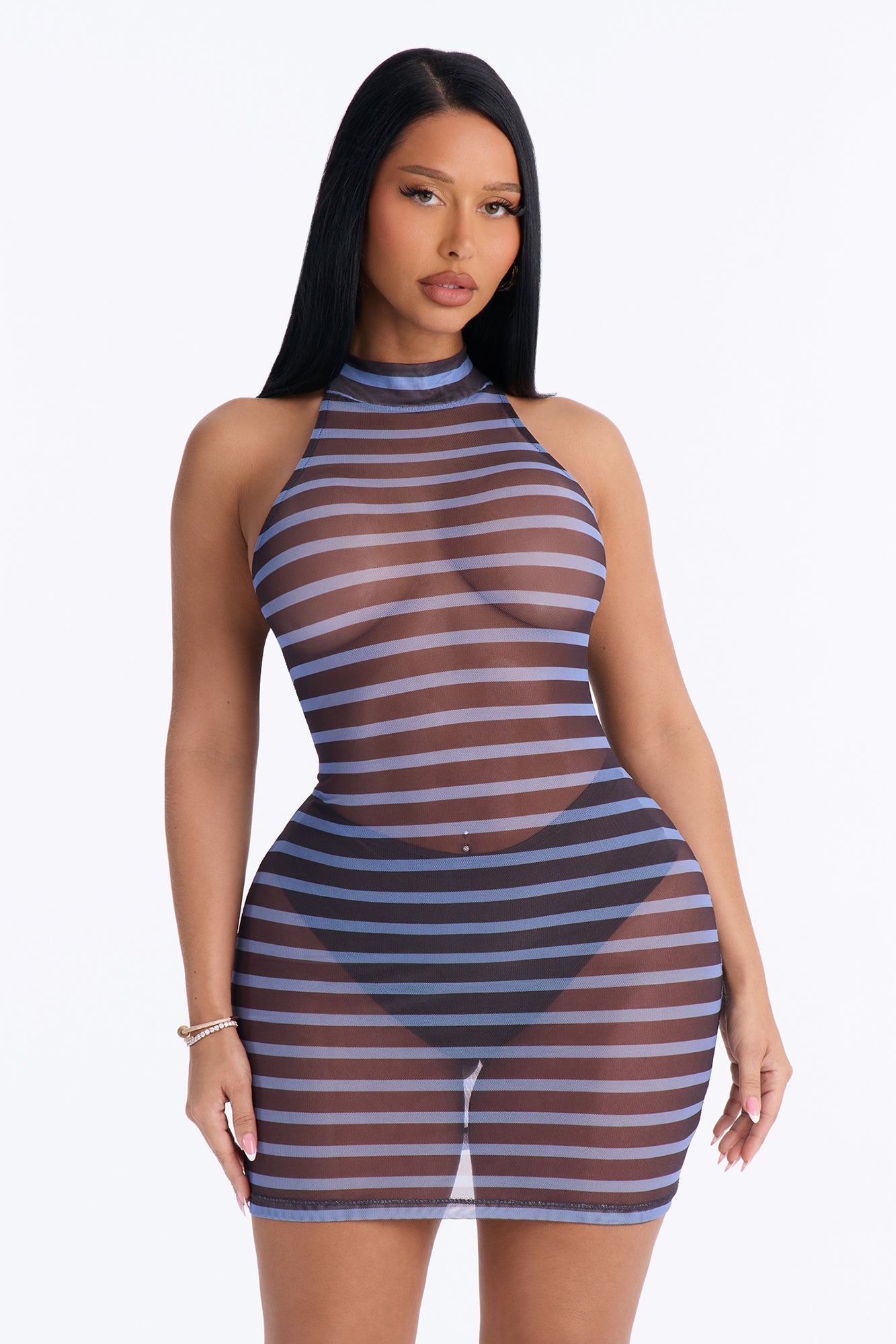 Amina Striped Mesh Mini Dress - Blue/combo