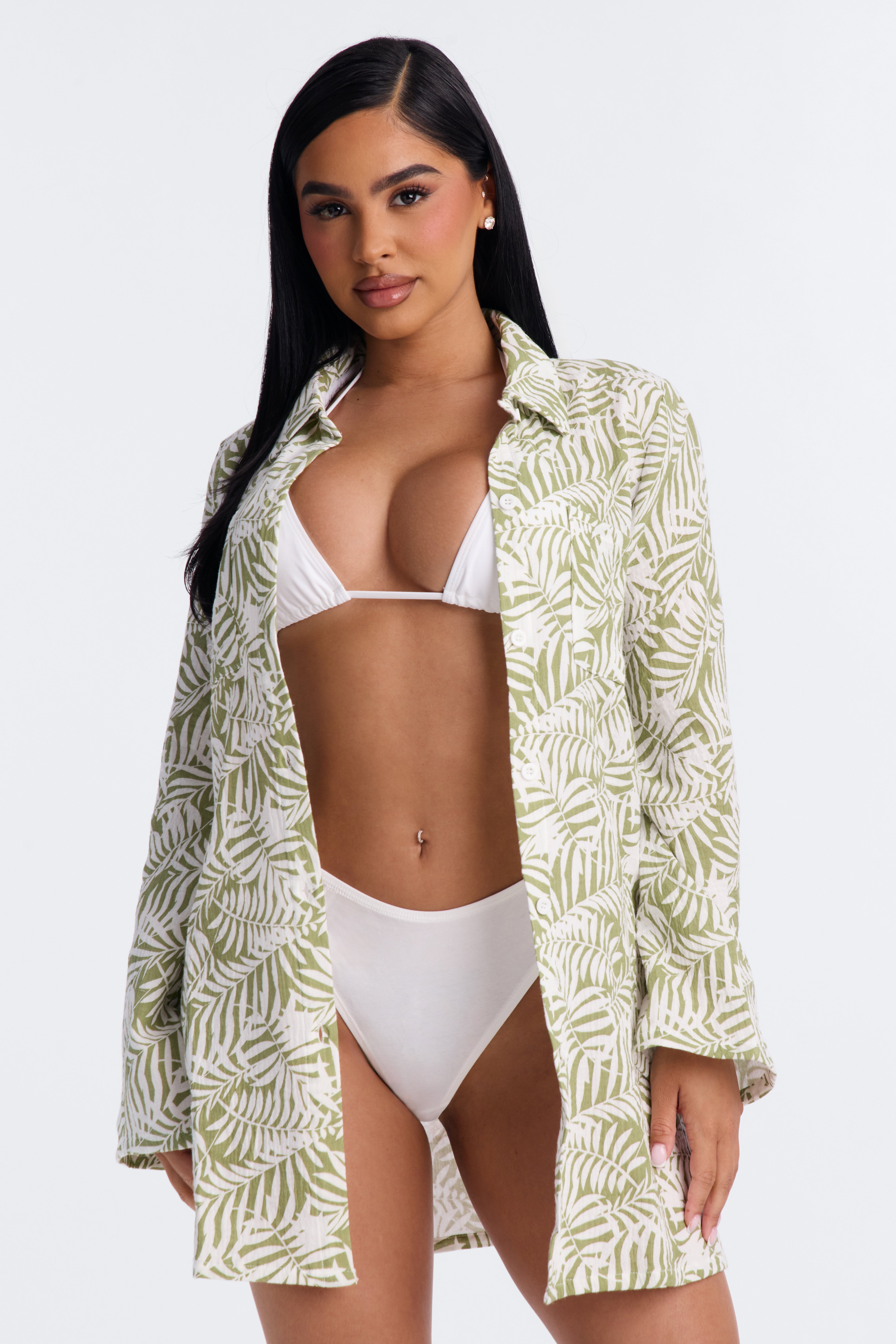 Sun Down Long Sleeve Cover Up Button Up Dress - Green
