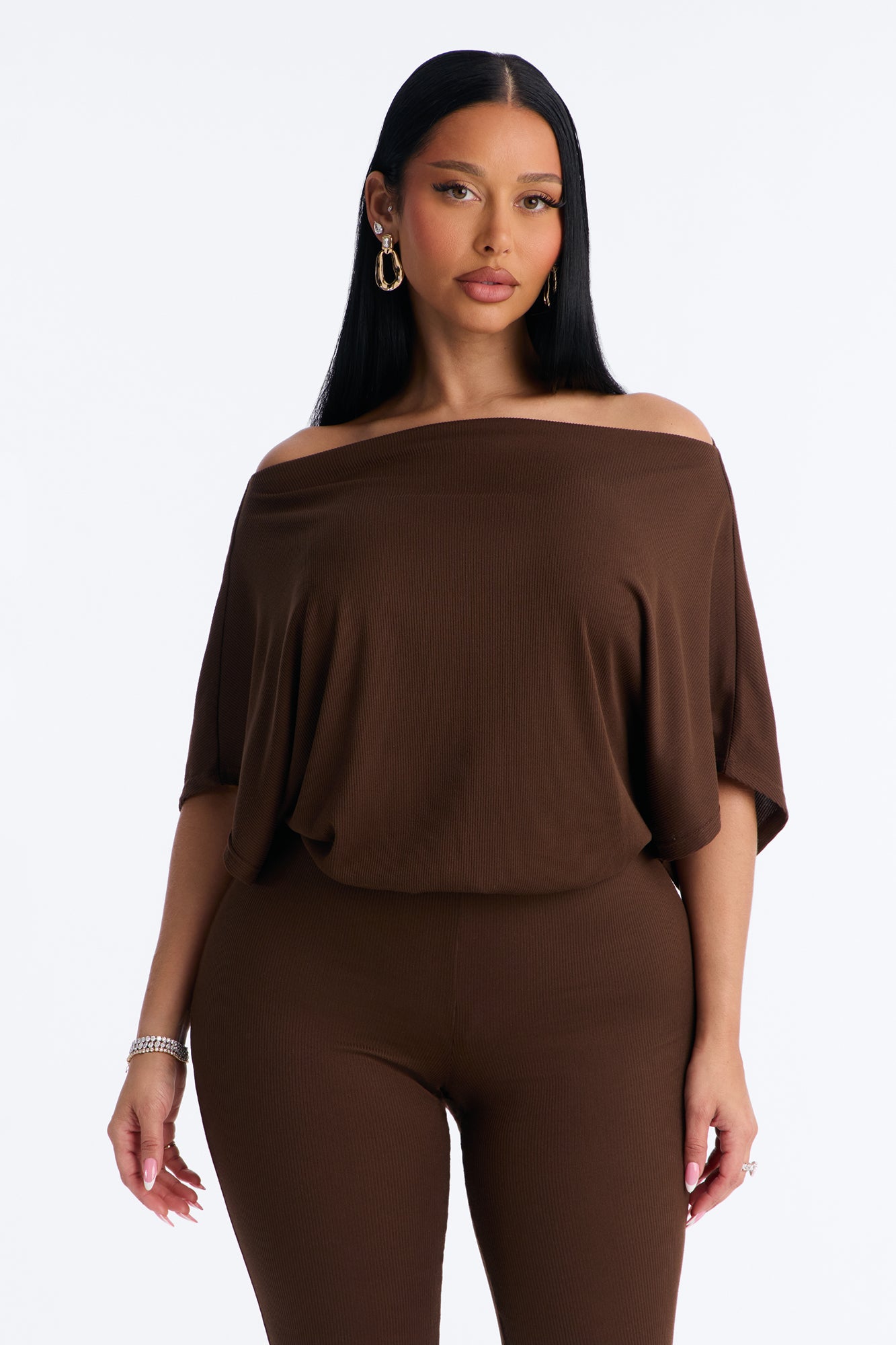 Kacee Off Shoulder Skinny Jumpsuit - Brown