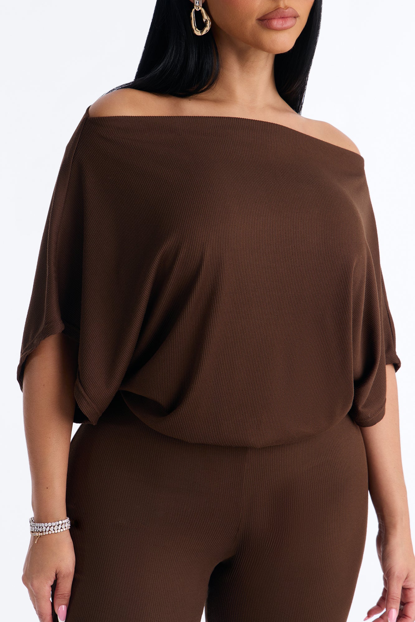 Kacee Off Shoulder Skinny Jumpsuit - Brown