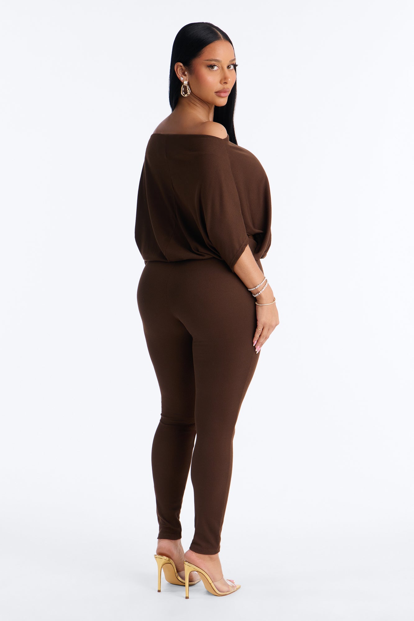 Kacee Off Shoulder Skinny Jumpsuit - Brown