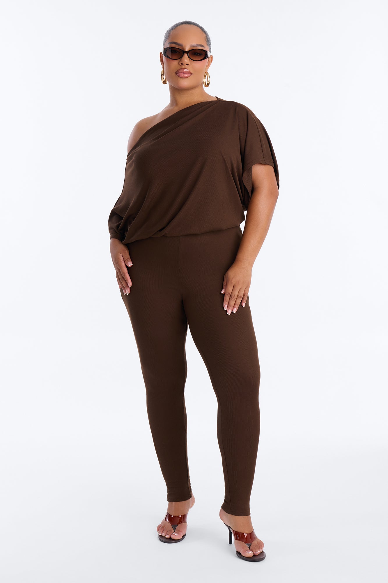 Kacee Off Shoulder Skinny Jumpsuit - Brown