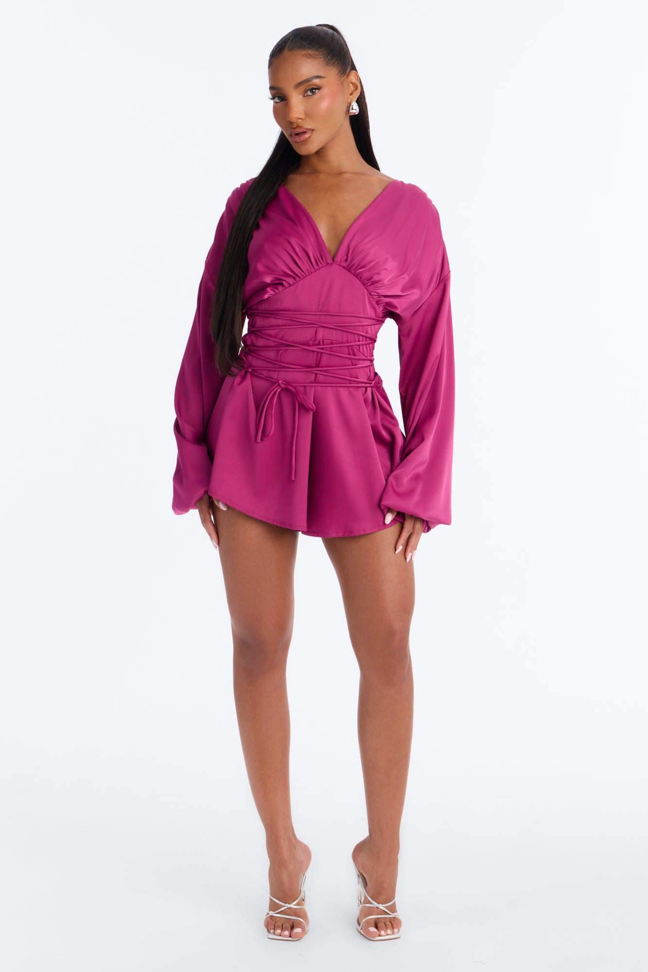 Mila Lace Up Satin Romper - Magenta