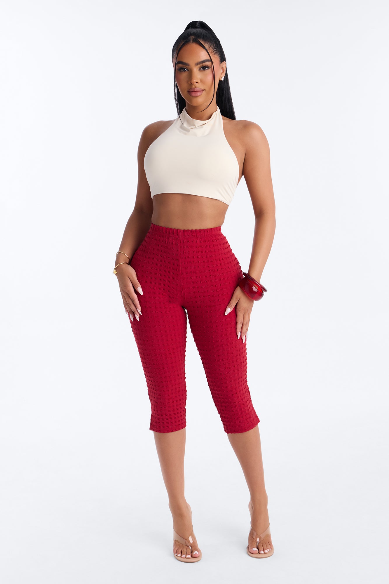 Milena Textured Pedal Pusher Leggings - Red