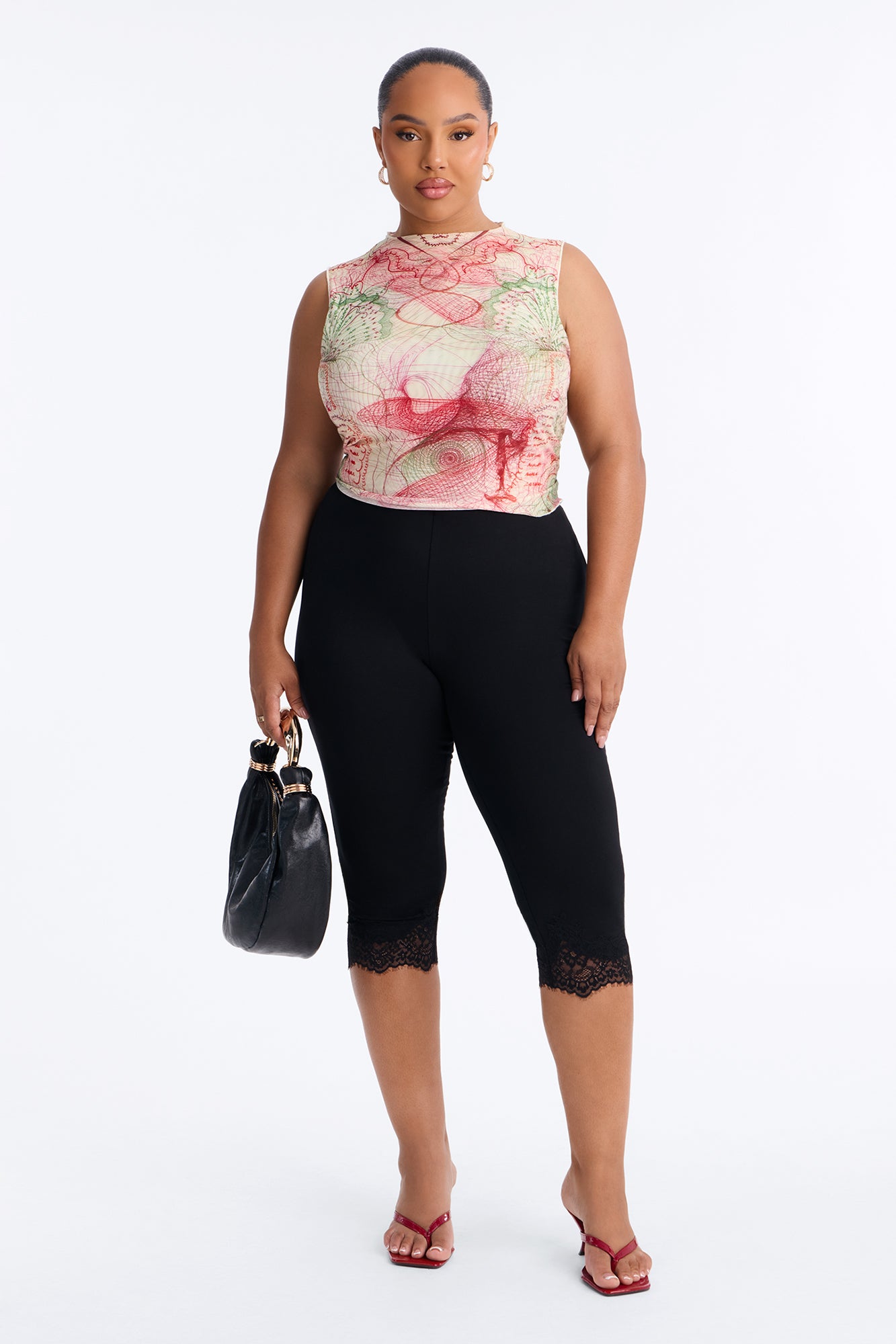 Midori Low Rise Lace Trim Capri Leggings - Black