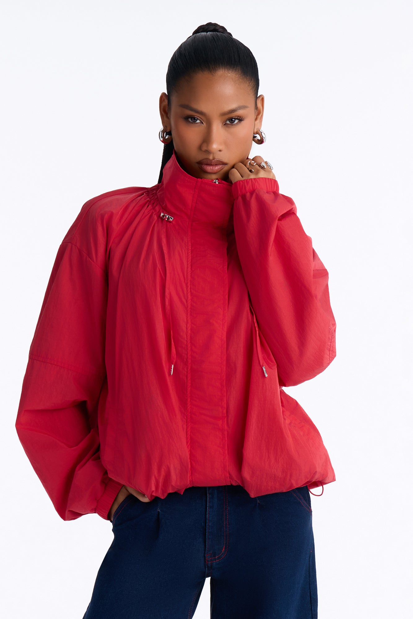 On The Move Funnel Neck Windbreaker Jacket - Red
