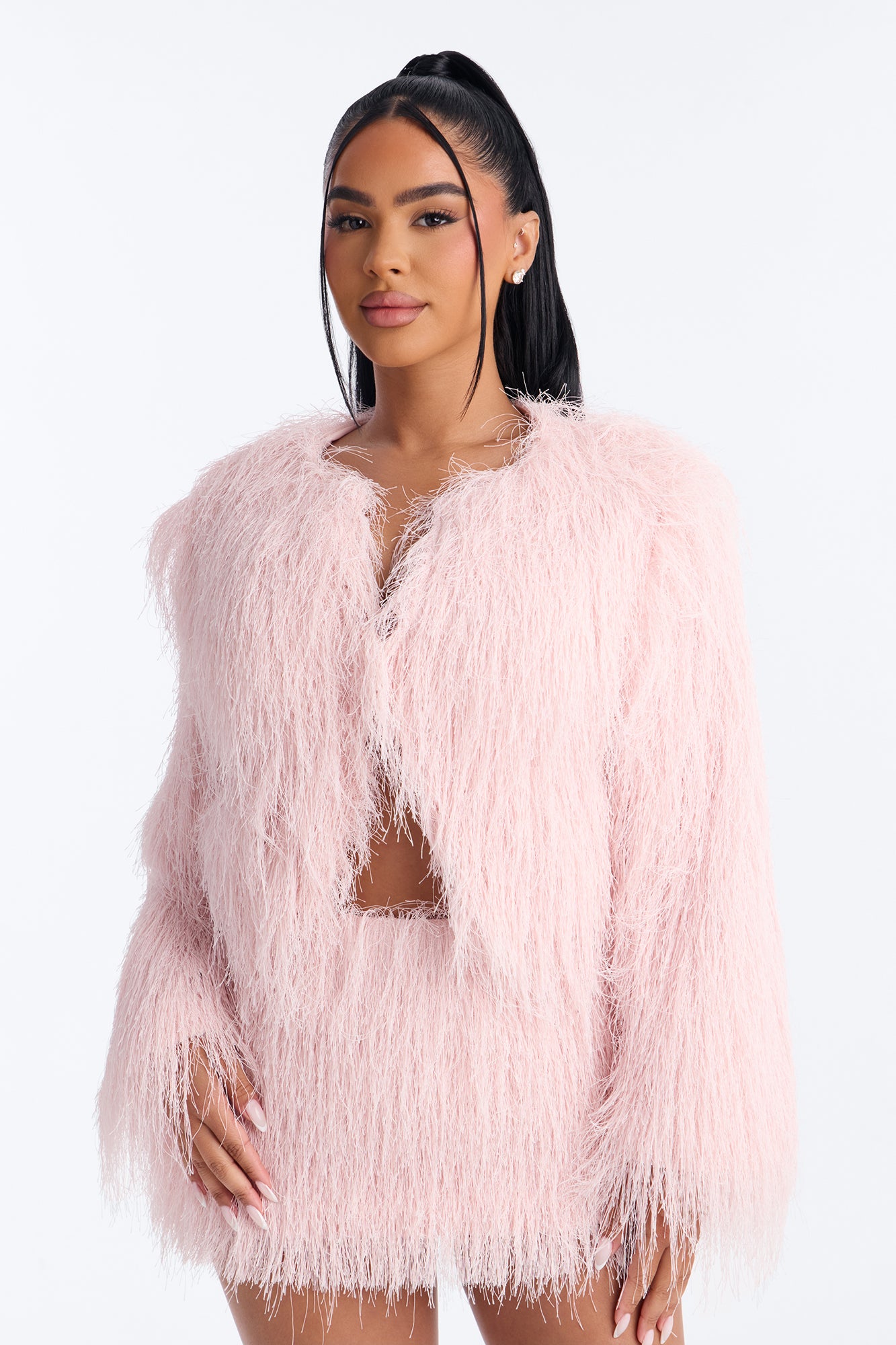 Cotton Candy Crush Faux Fringe Fur Cropped Coat - Pink