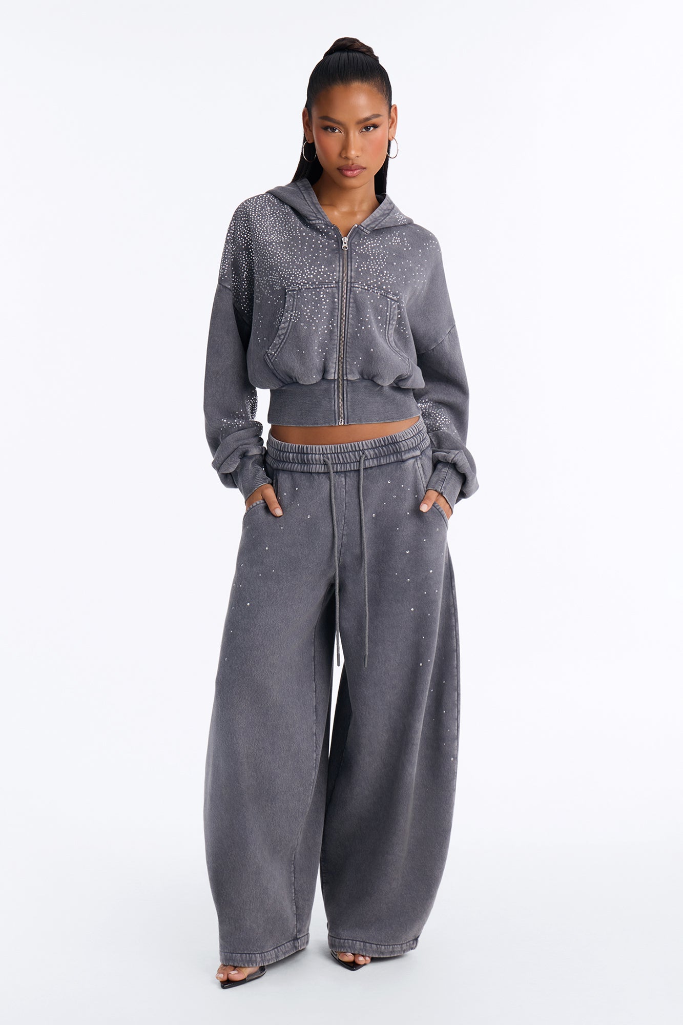 Shine On Rhinestone Fleece Pant Set - Charcoal