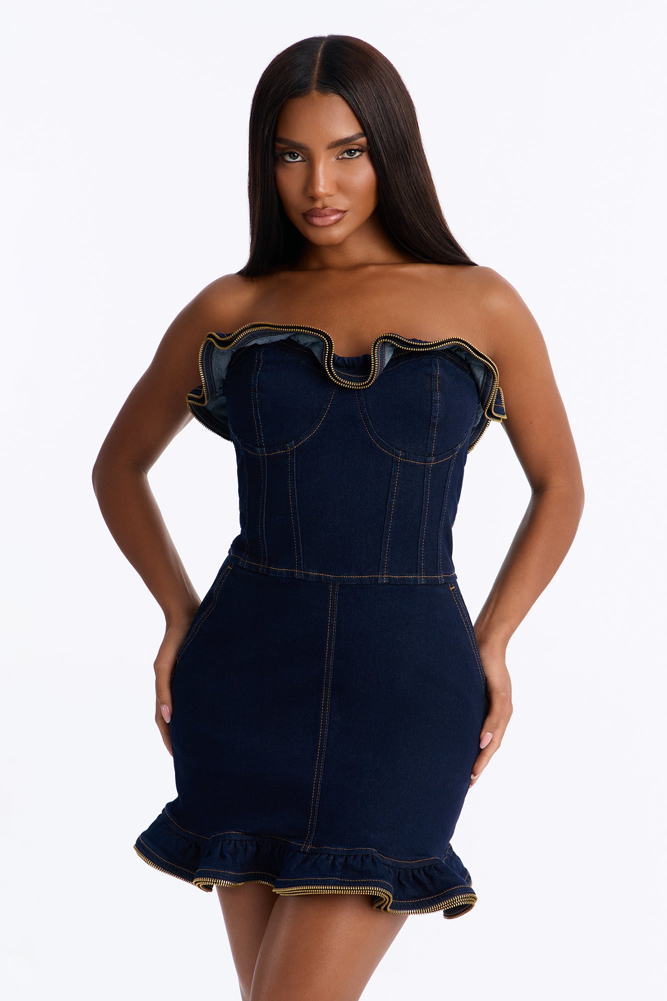 Loves It Ruffle Trim Denim Mini Dress - Dark Wash