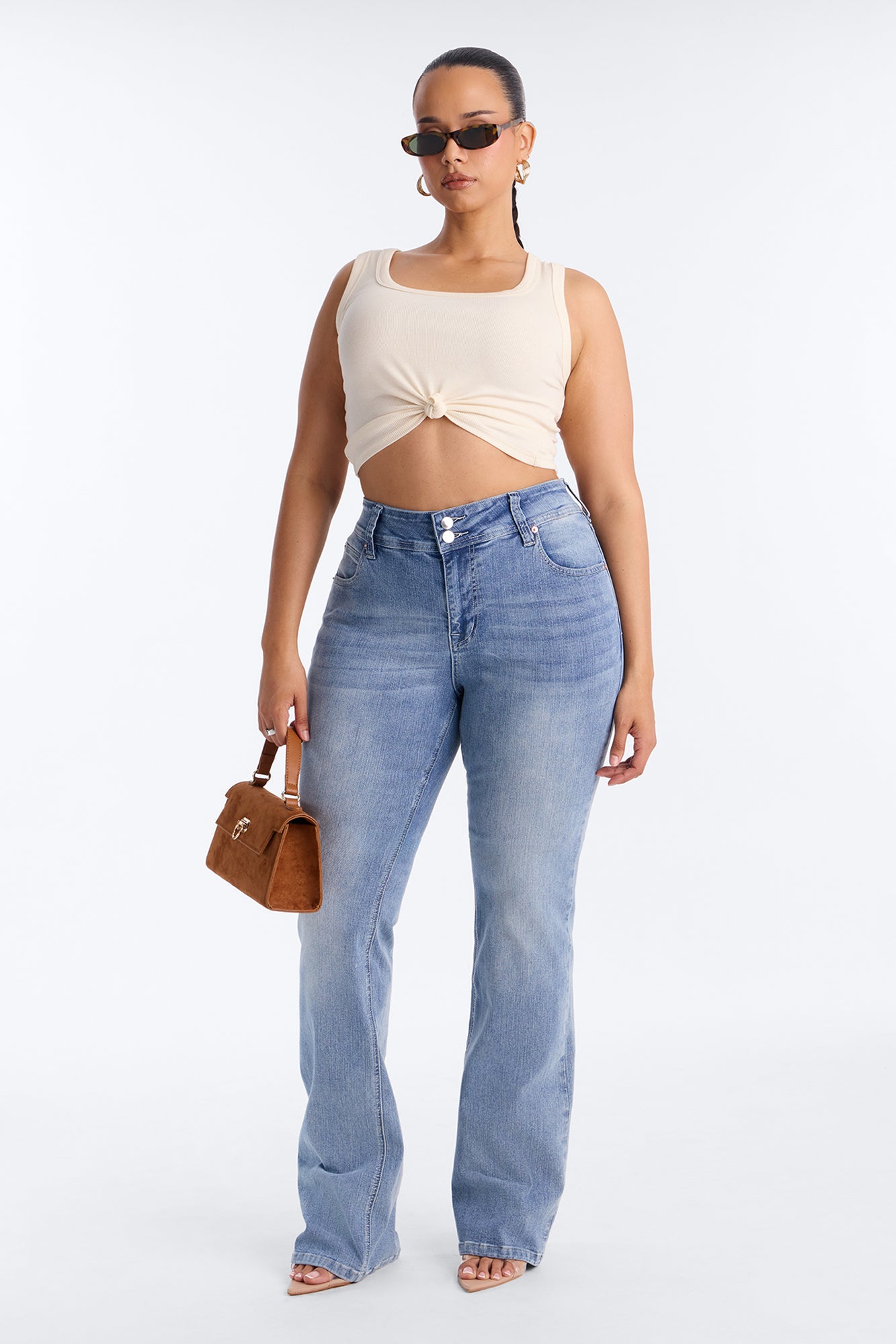 Tall Might Go Double Button Stretch Bootcut Jeans - Medium Wash