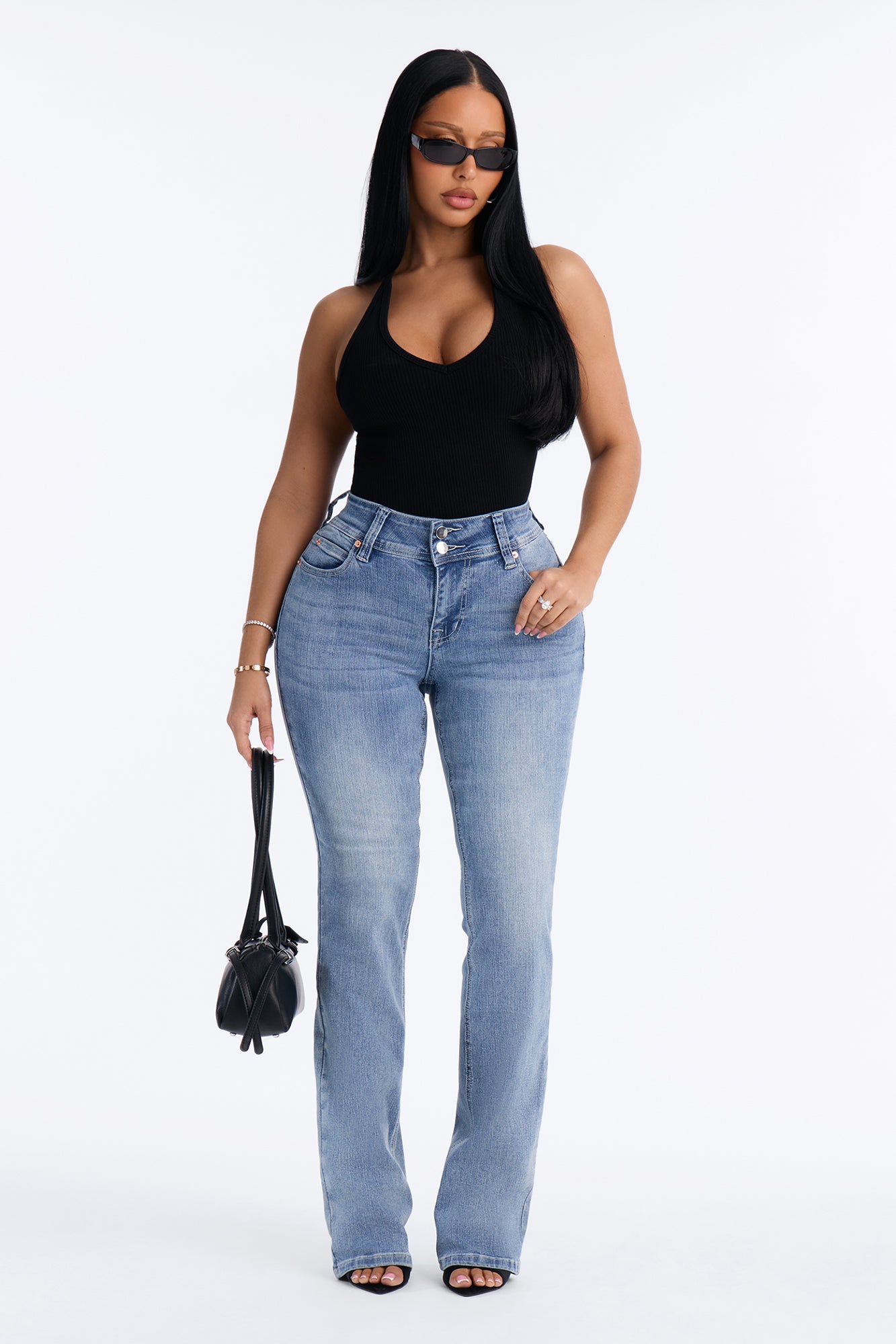 Tall Might Go Double Button Stretch Bootcut Jeans - Medium Wash