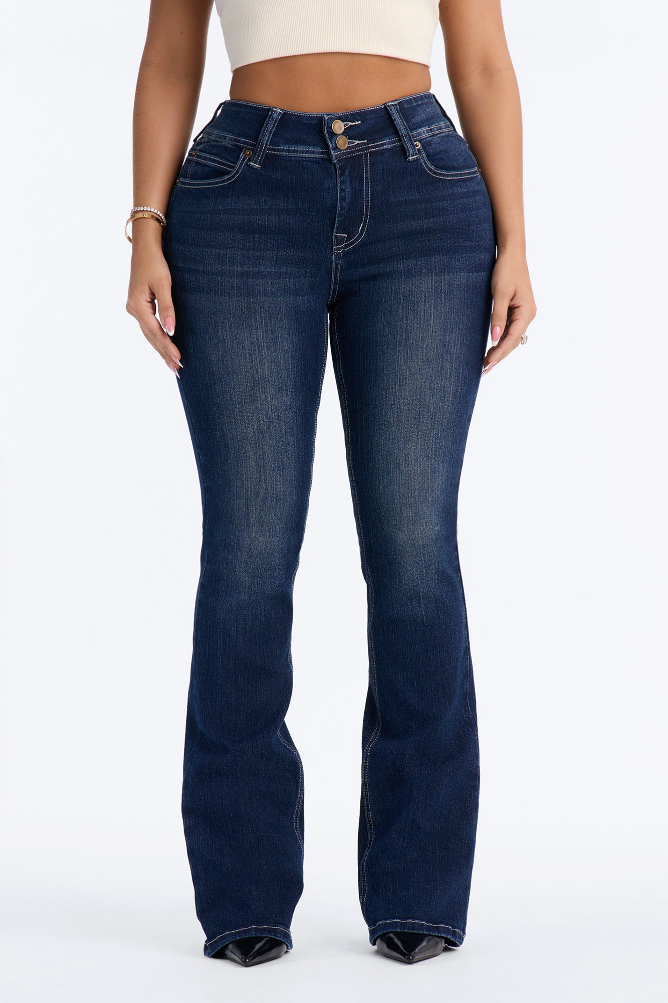 Might Go Double Button Stretch Bootcut Jeans - Dark Wash