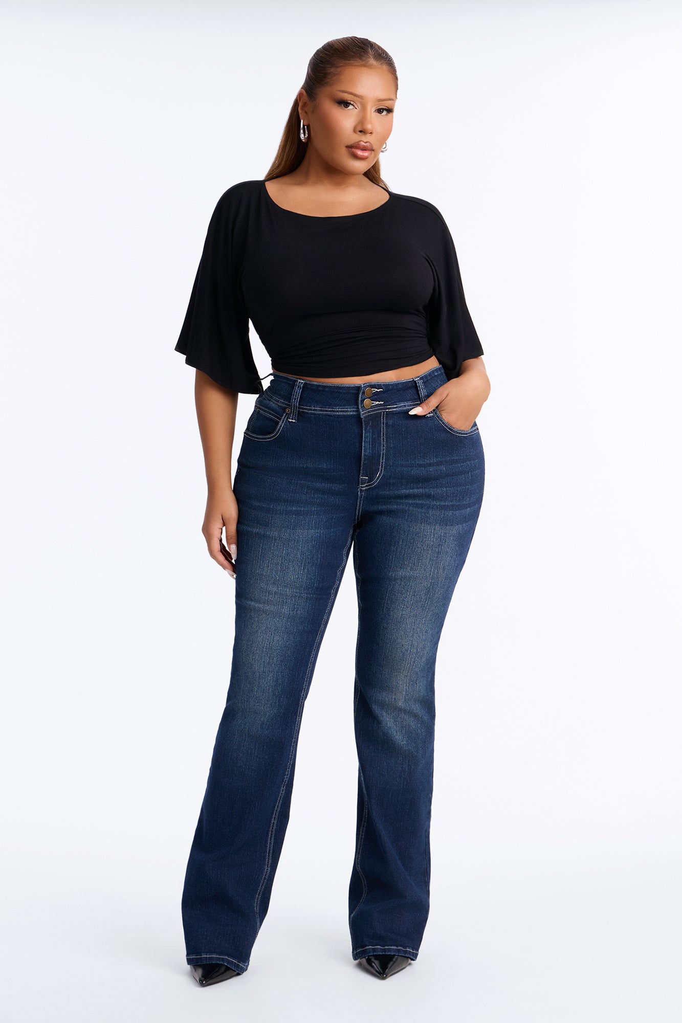 Might Go Double Button Stretch Bootcut Jeans - Dark Wash