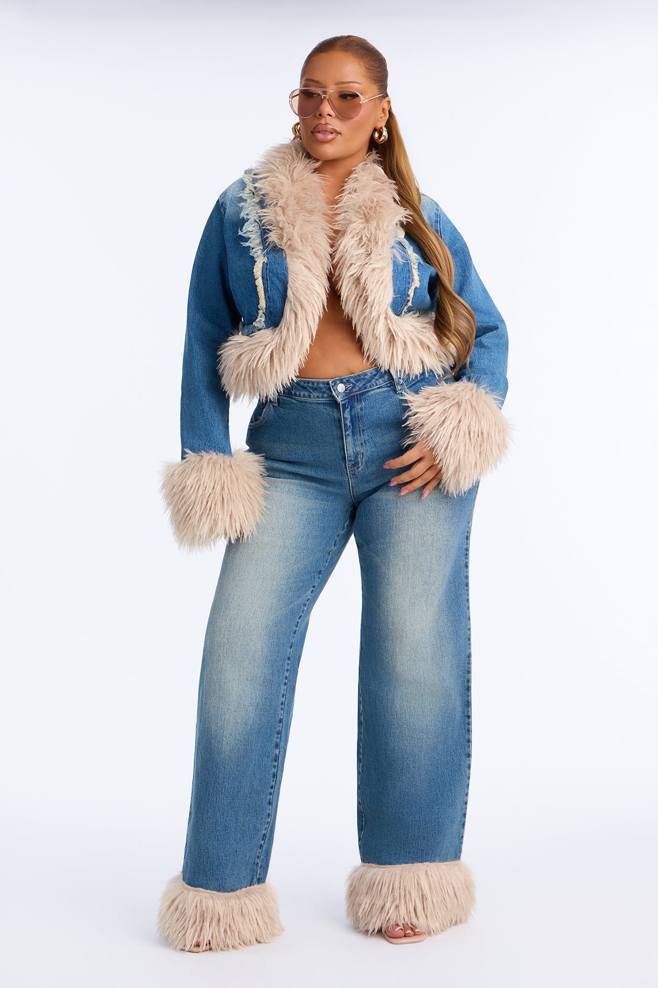 Corina Denim Faux Fur Pant Set - Medium Wash