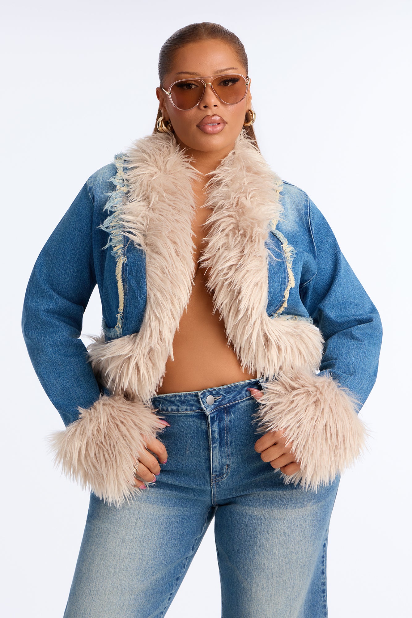 Corina Denim Faux Fur Pant Set - Medium Wash