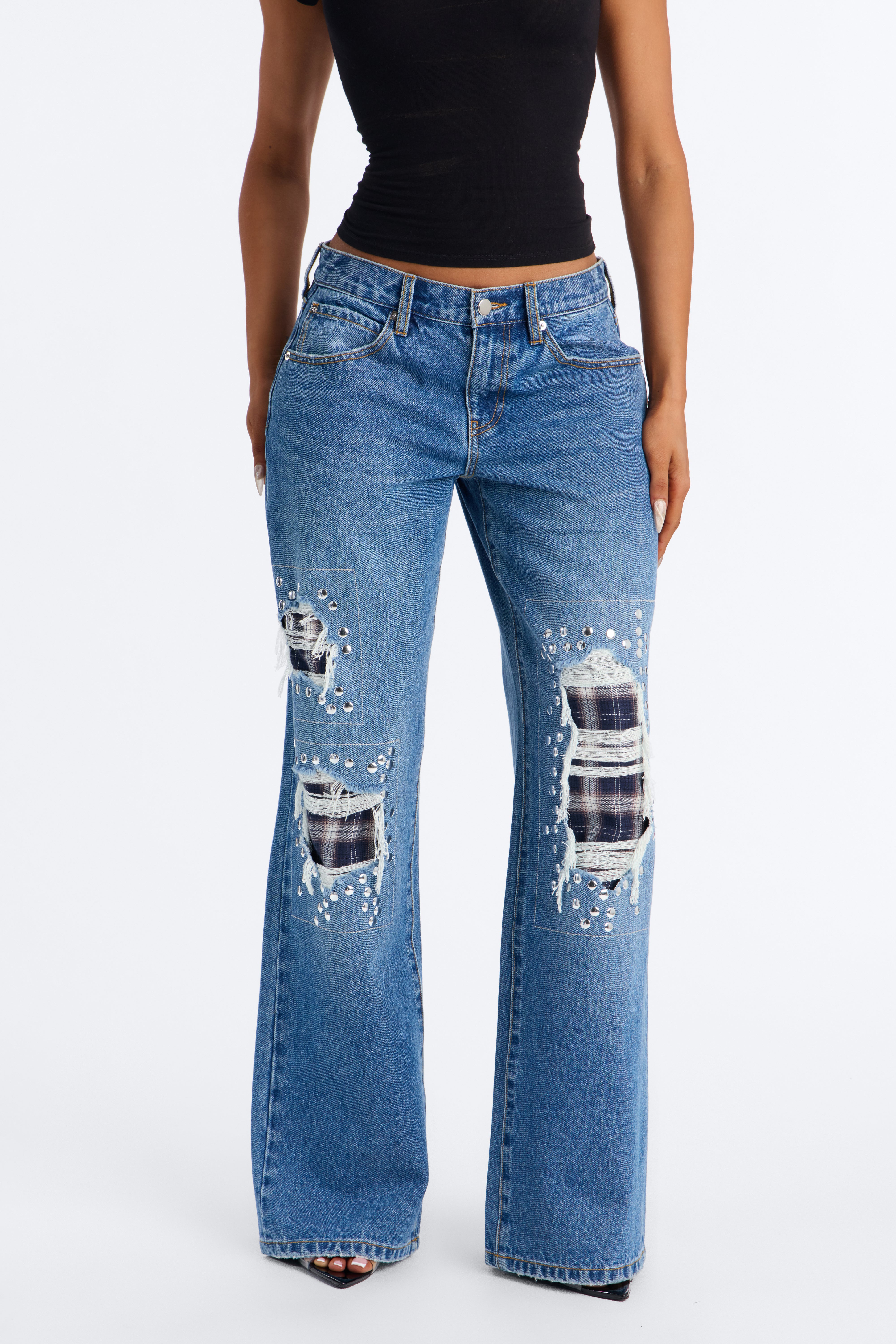 Broadway Rip & Repair Embellished Jeans - Dark Wash