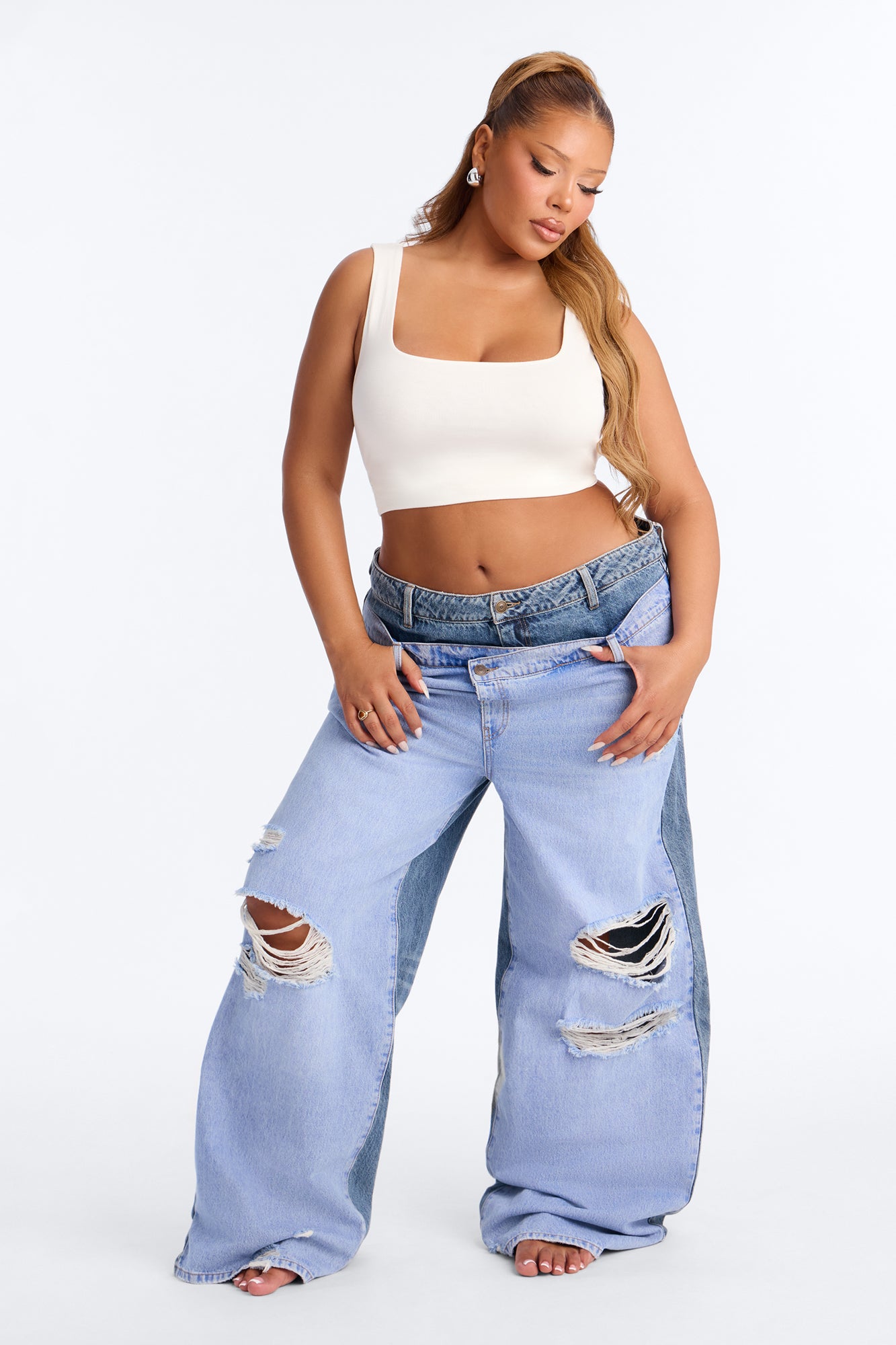 Body Double Ripped Rigid Wide Leg Jeans - Vintage Wash