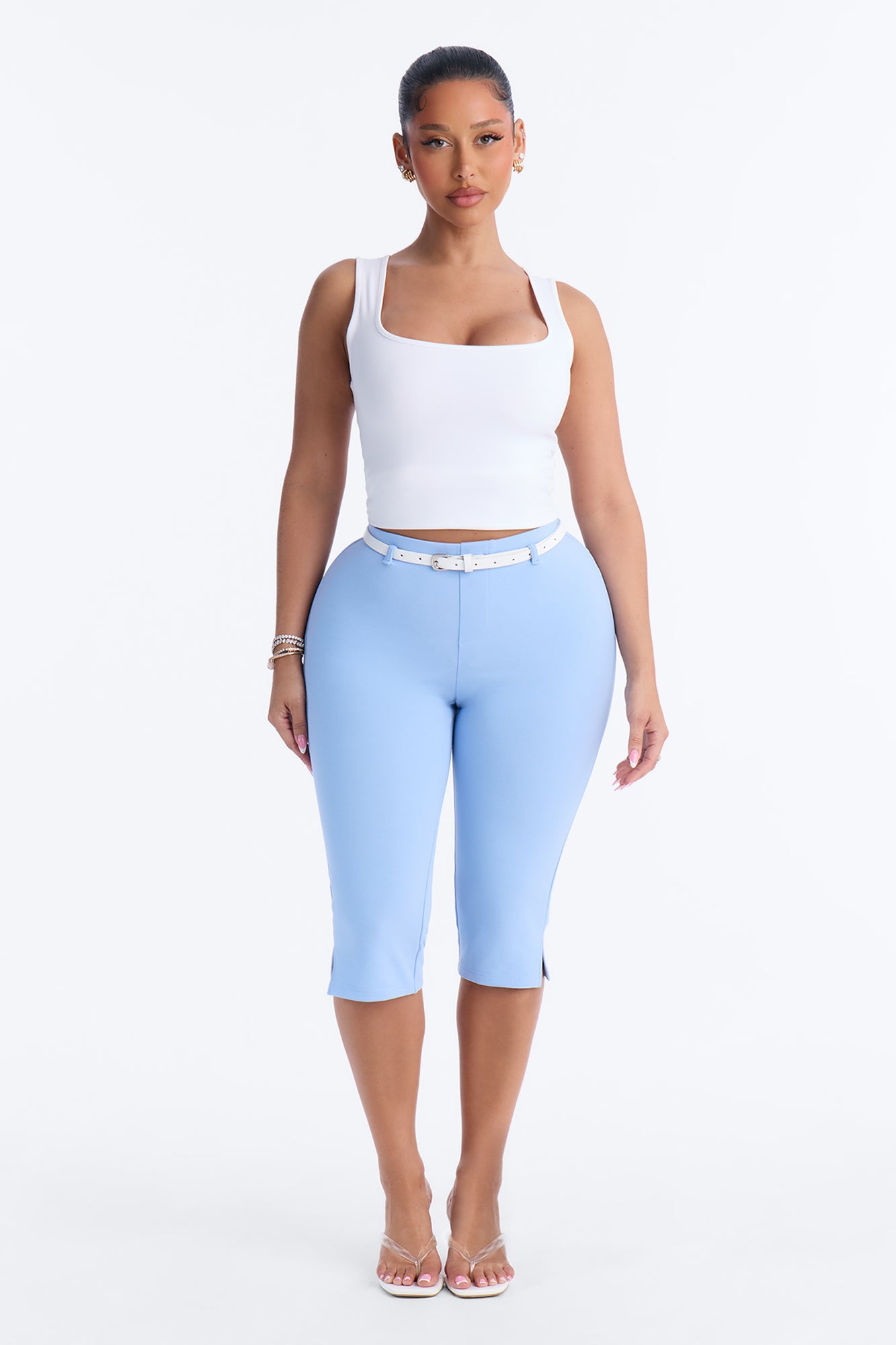Mila Belted Split Hem Capri - Light Blue