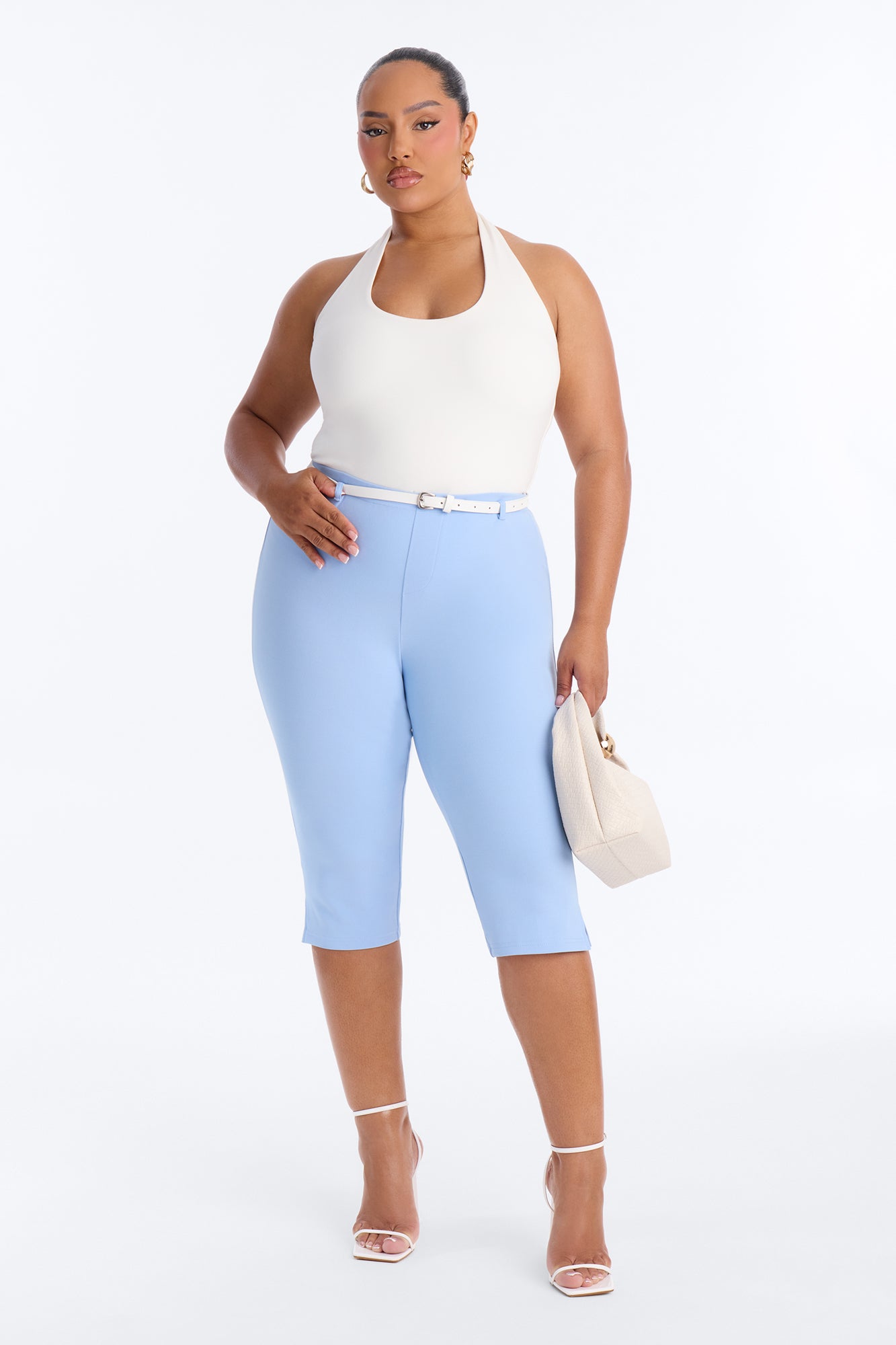 Mila Belted Split Hem Capri - Light Blue