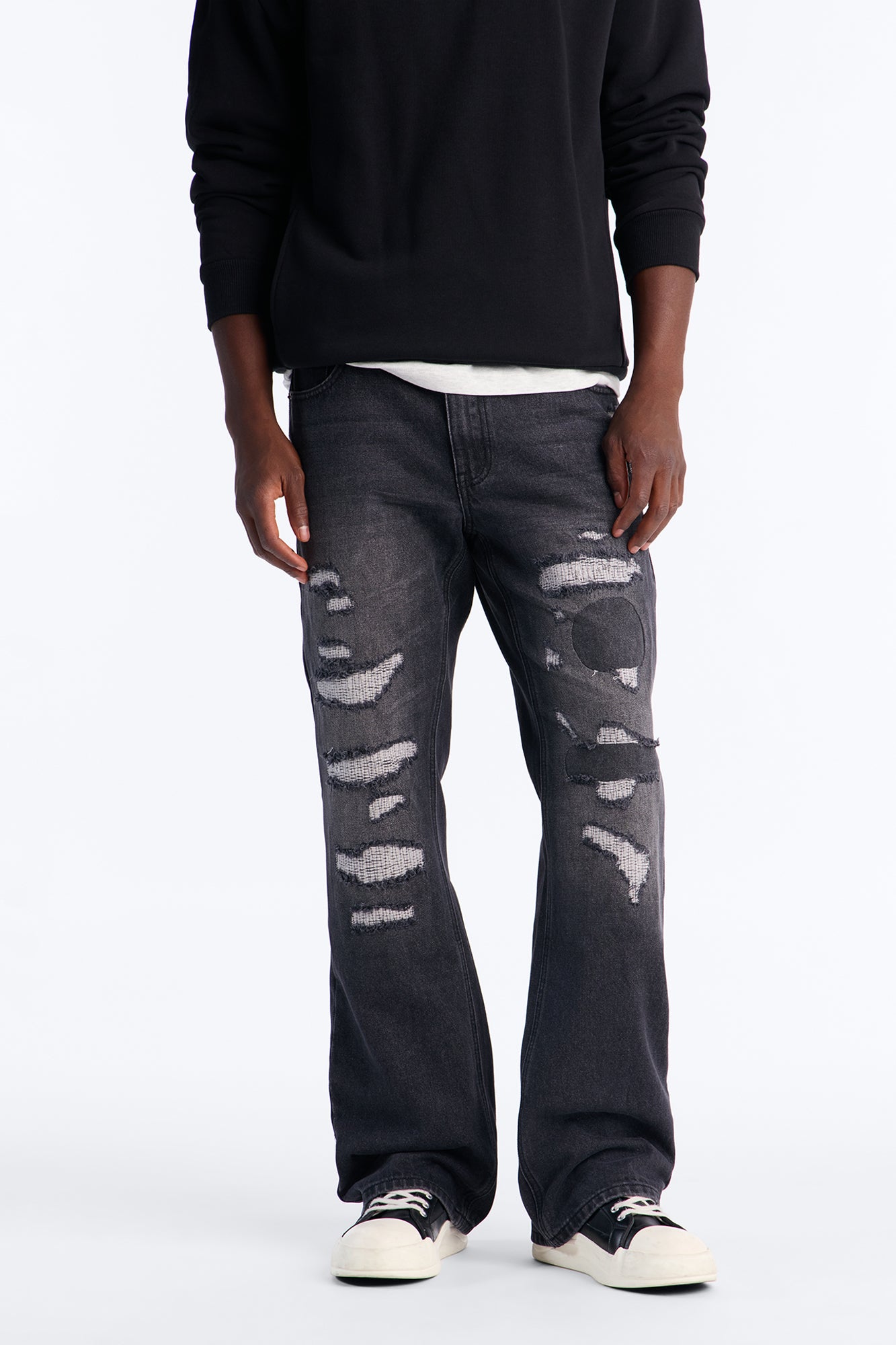 Straight Flare Distressed Jean - Black Wash