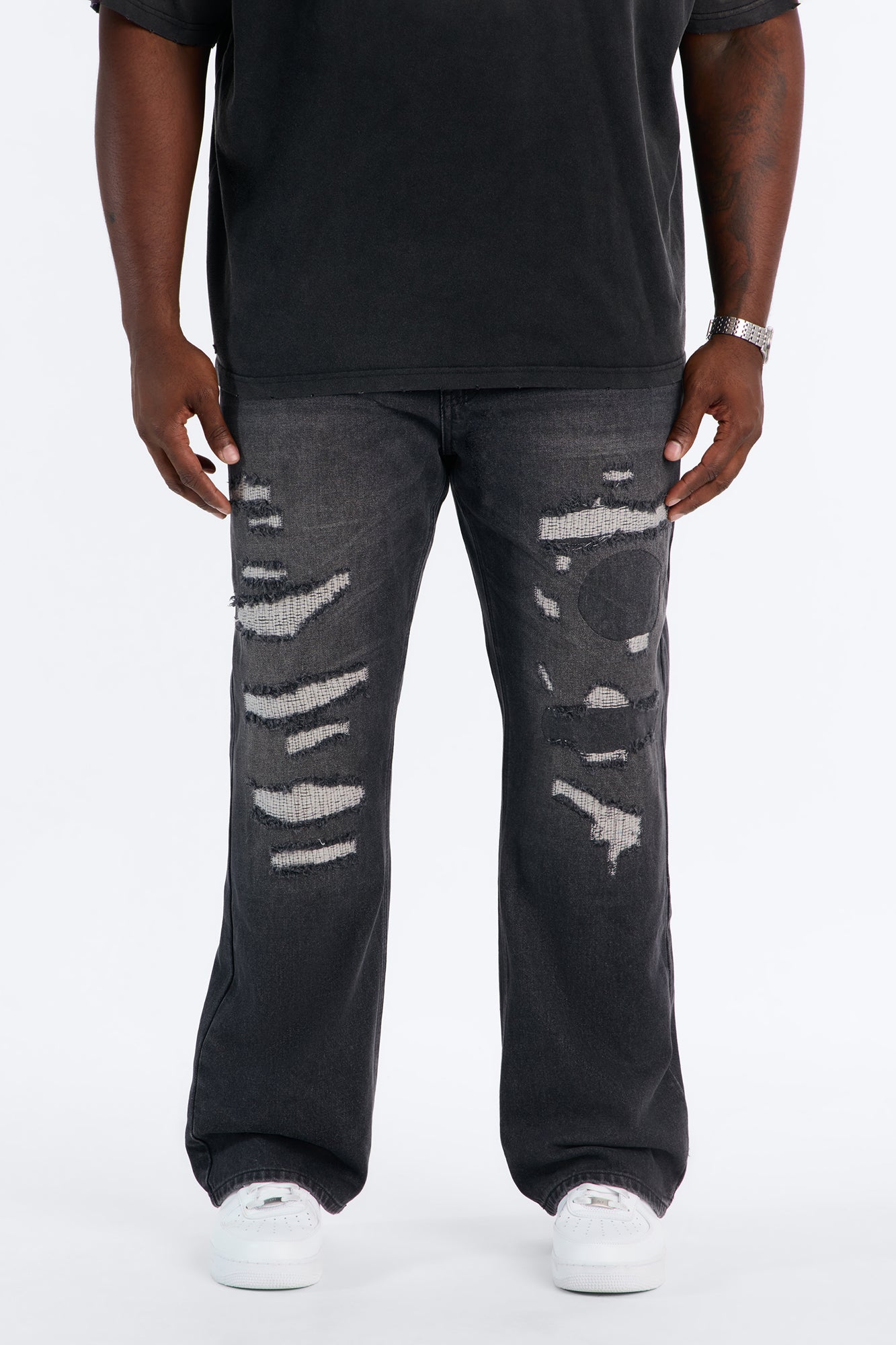 Straight Flare Distressed Jean - Black Wash