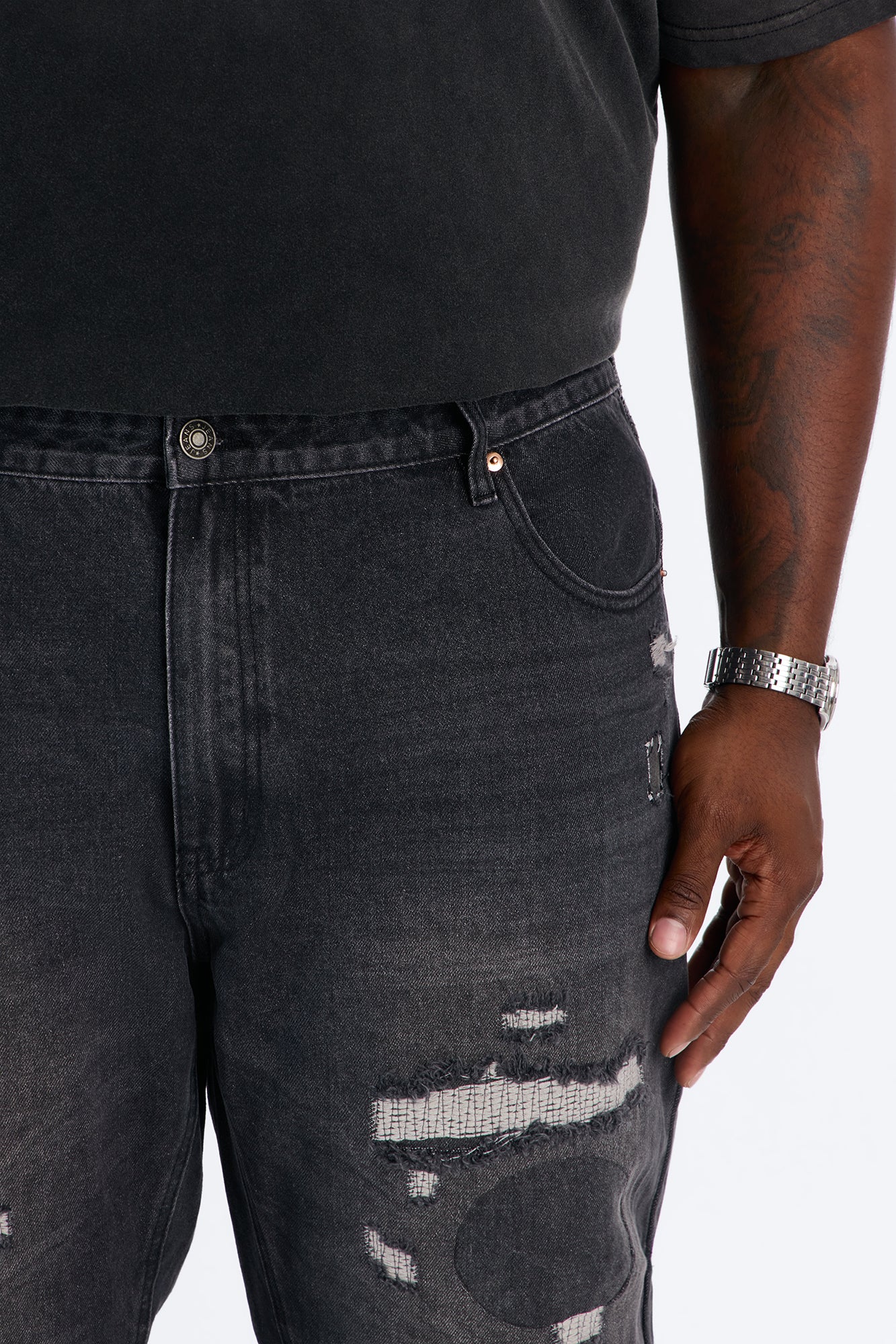 Straight Flare Distressed Jean - Black Wash