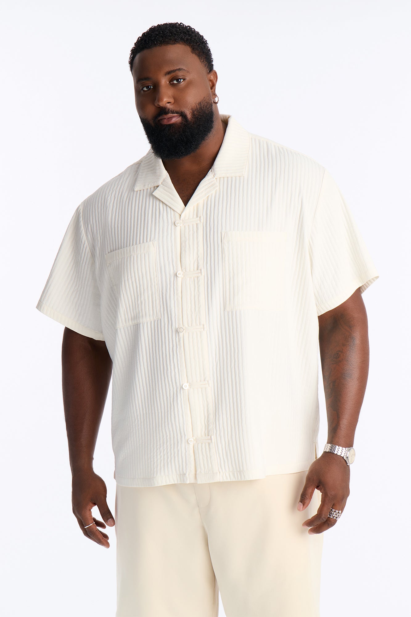 Relaxed Dynasty Cuban Collar Button Up Shirt - Cream