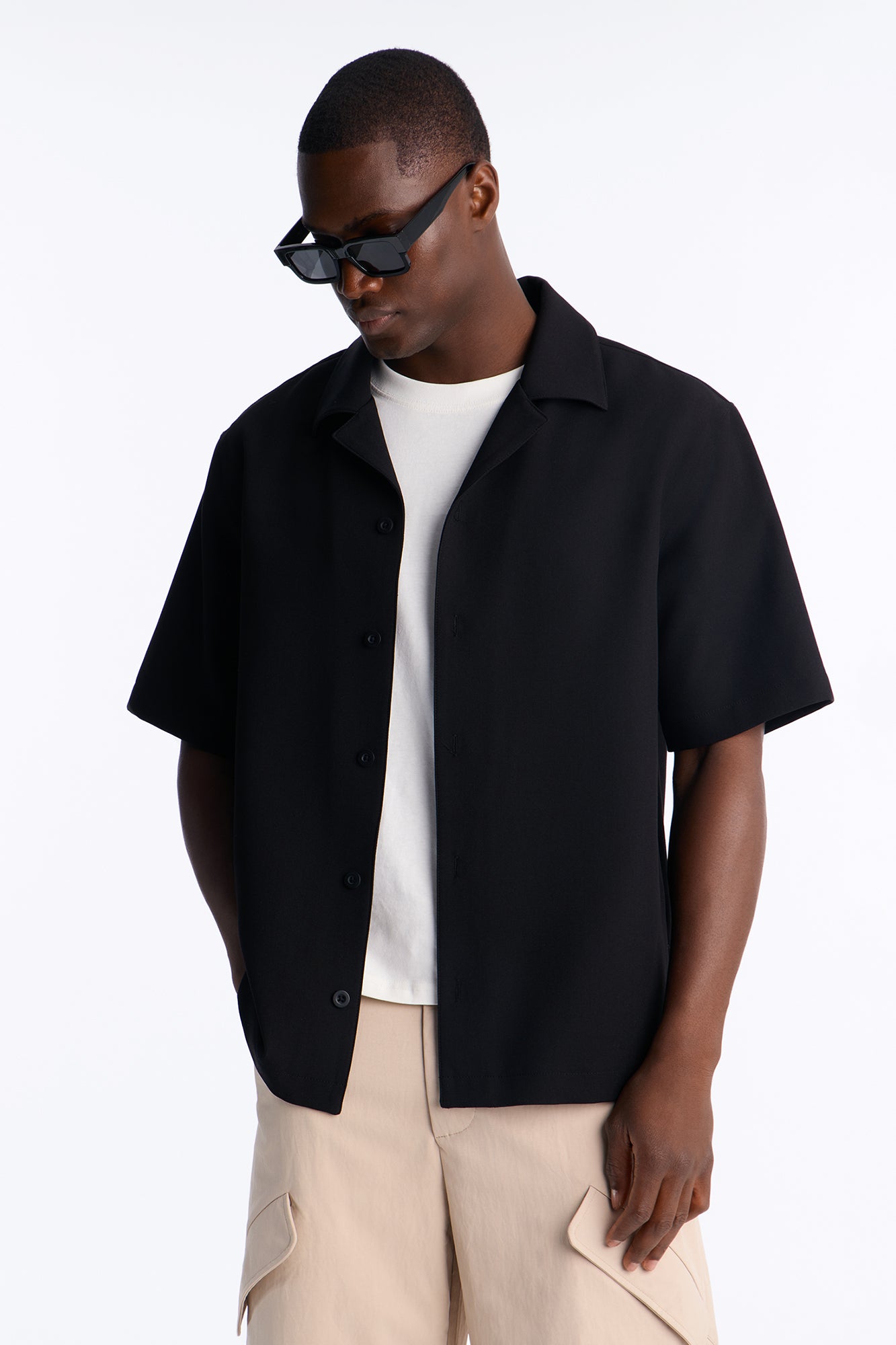 Modern Essential Sleeve Cuban Collar Button Down - Black