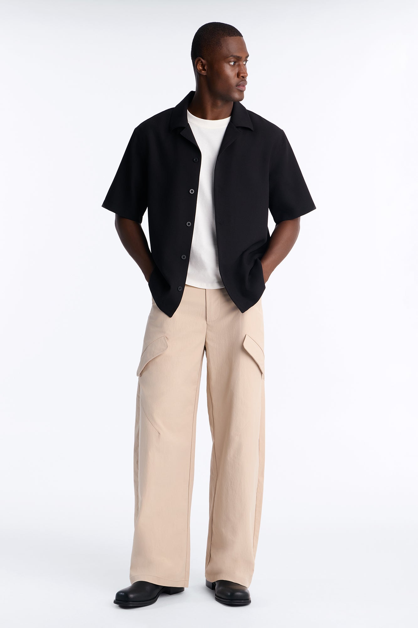 Modern Essential Sleeve Cuban Collar Button Down - Black